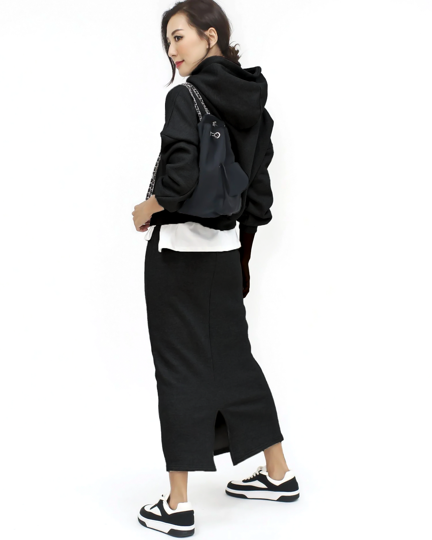 black embellished hoodie sweatshirt & skirt set