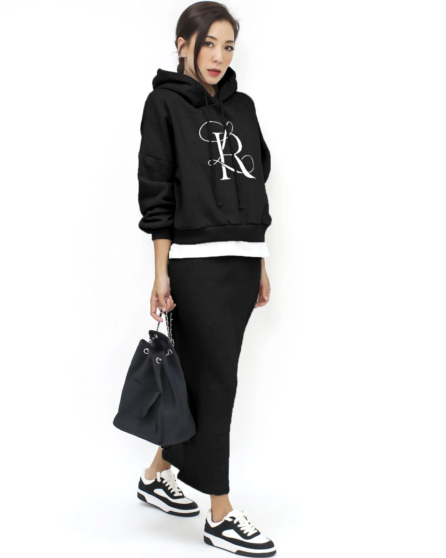 black embellished hoodie sweatshirt & skirt set