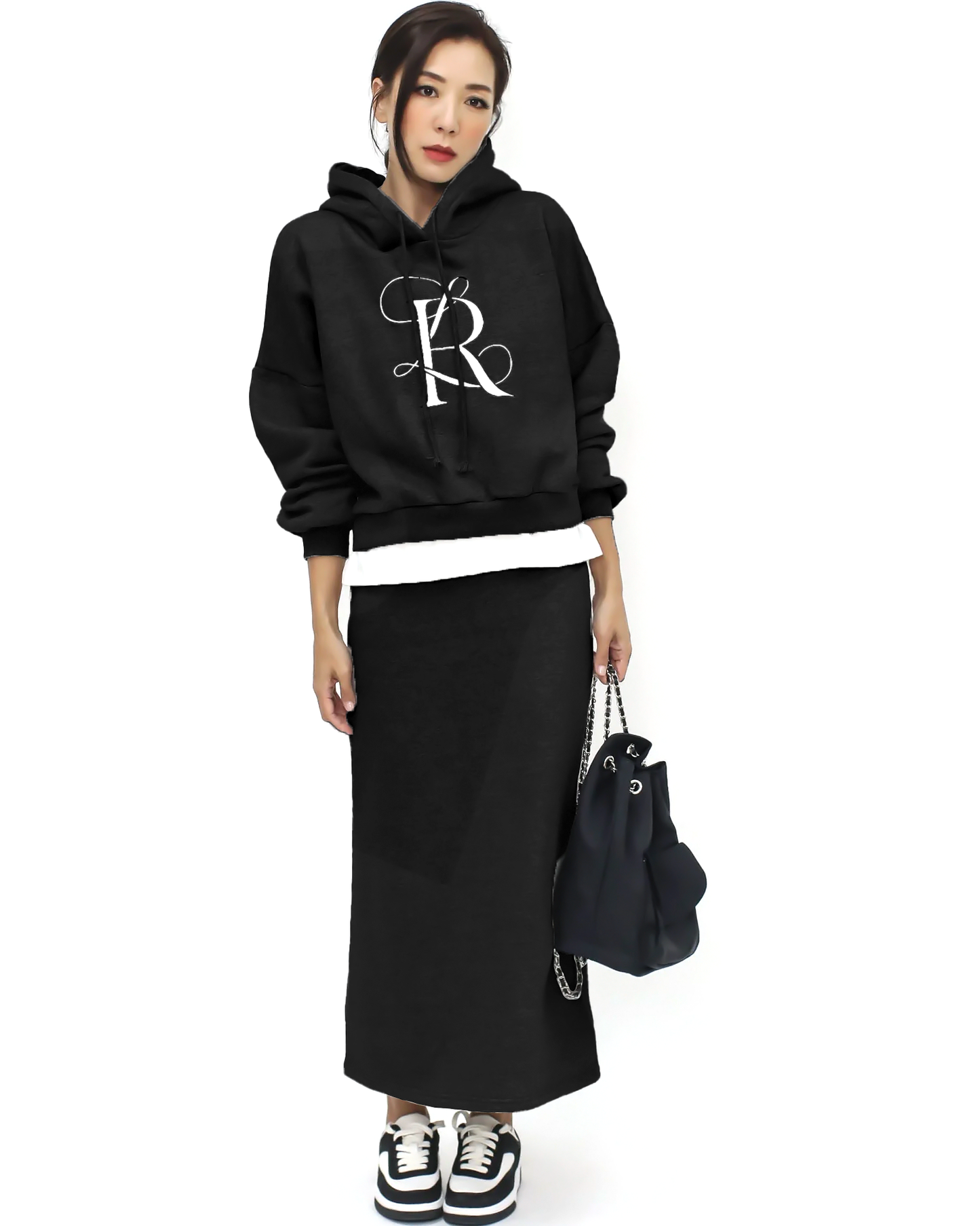 black embellished hoodie sweatshirt & skirt set