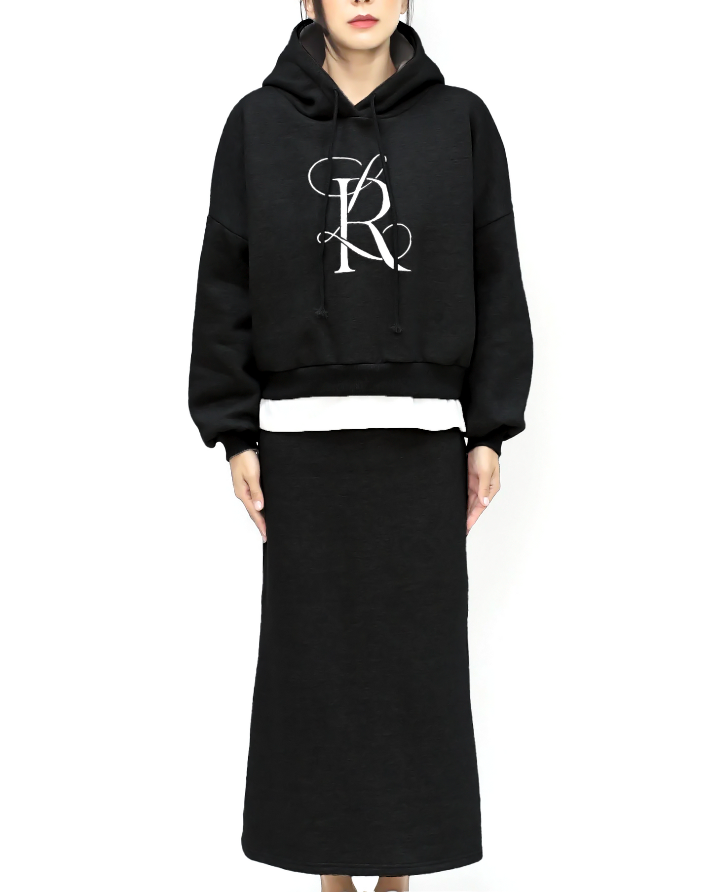 black embellished hoodie sweatshirt & skirt set