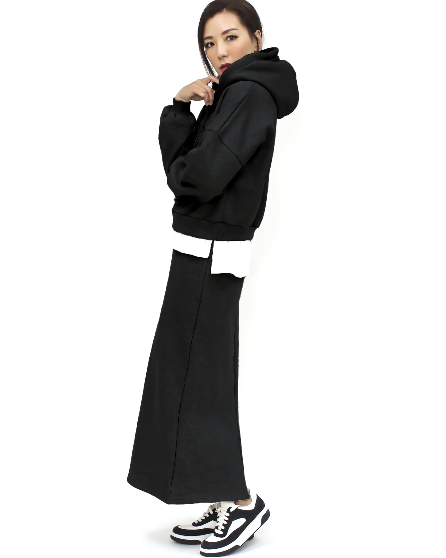 black embellished hoodie sweatshirt & skirt set