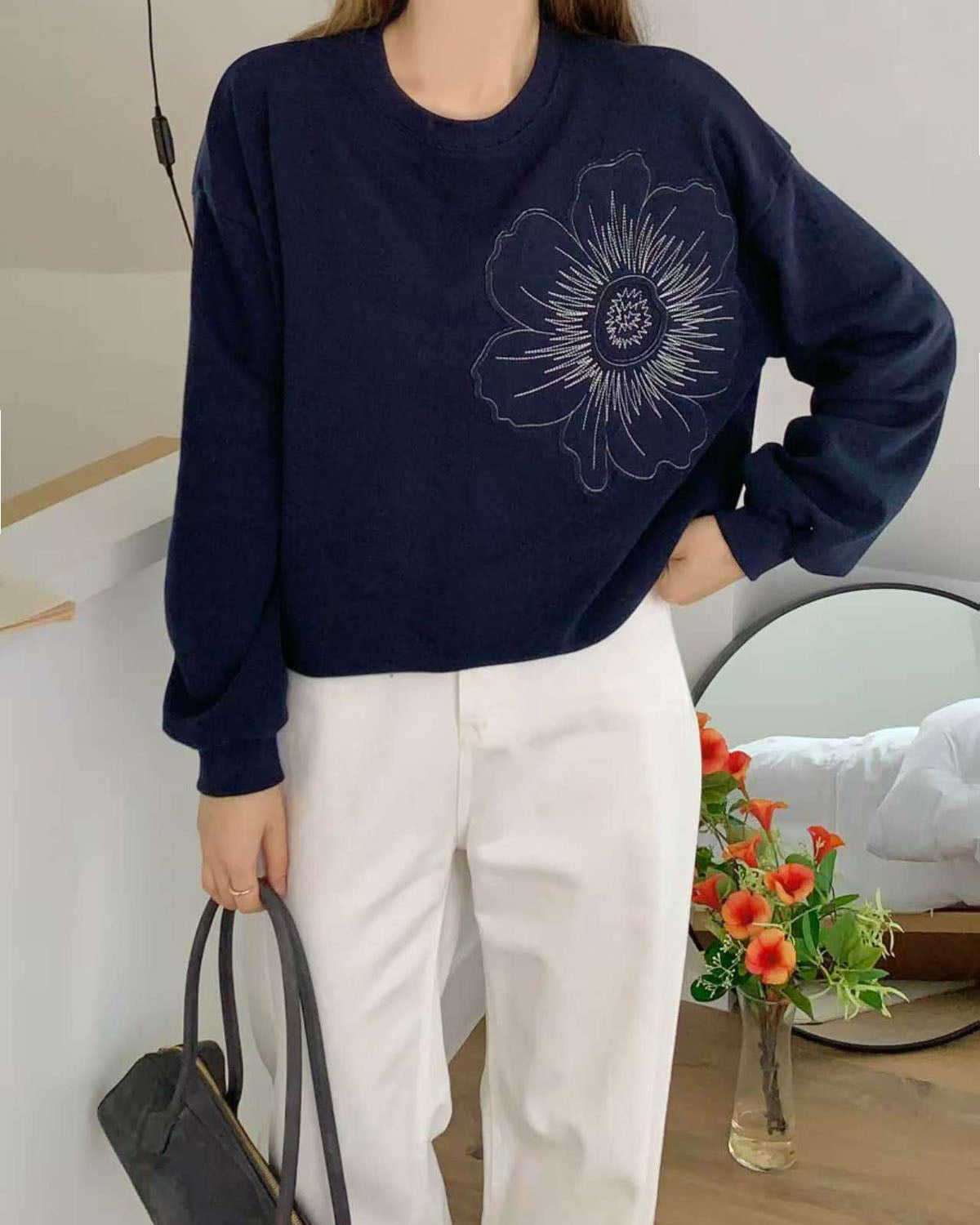 navy embroidered flower sweatshirt *pre-order*