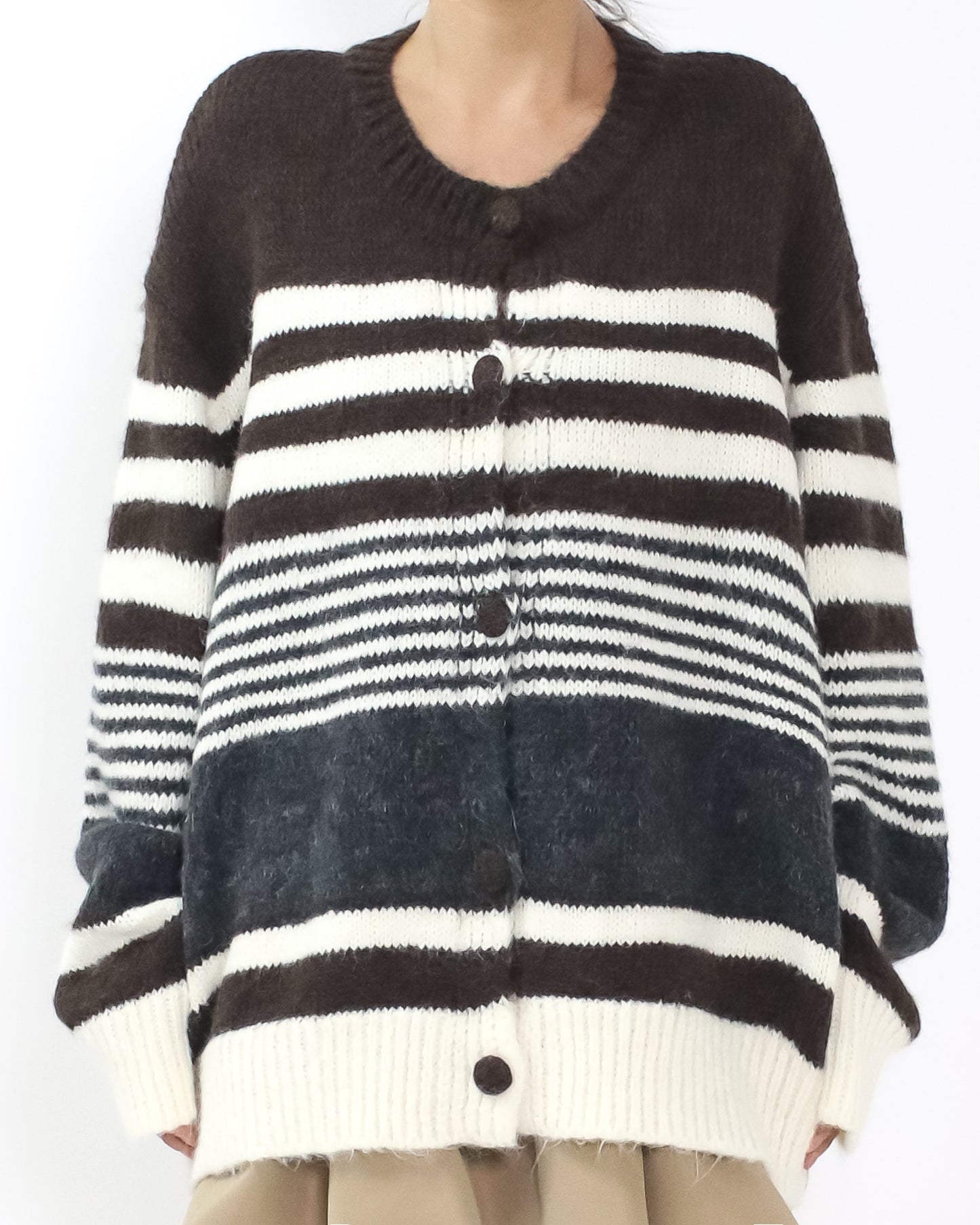 brown ivory and grey stripe knitted cardigan *pre-order*