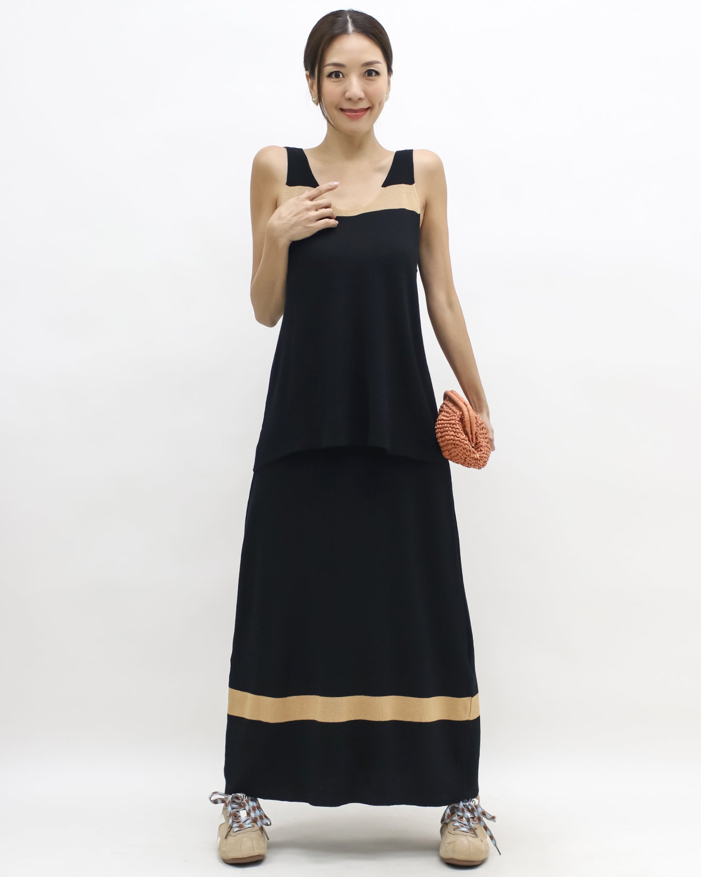 black & beige panel vest & longline fine knitted skirt set