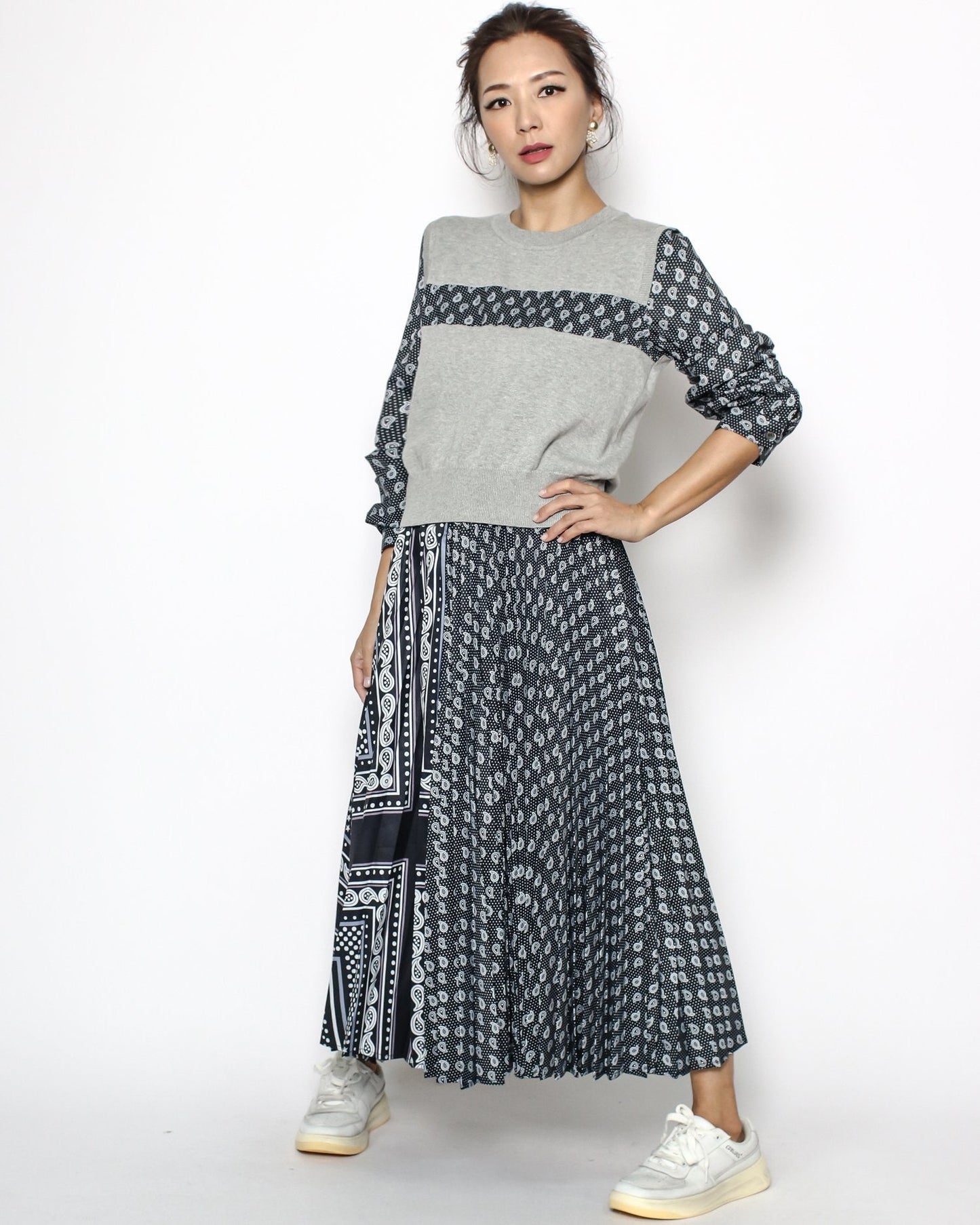 grey knitted top & navy pattern chiffon set dress *pre-order*