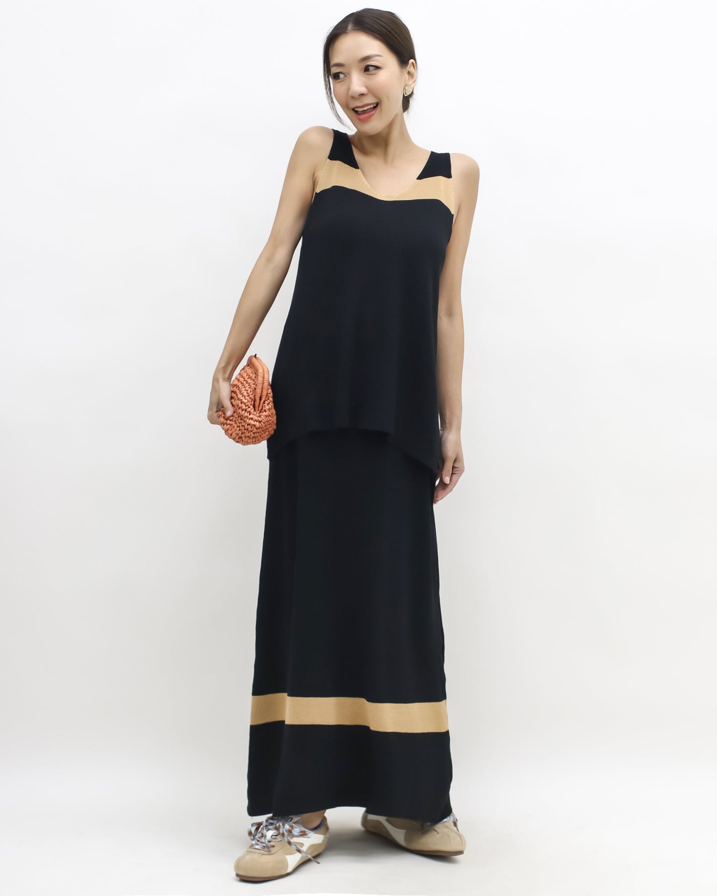 black & beige panel vest & longline fine knitted skirt set