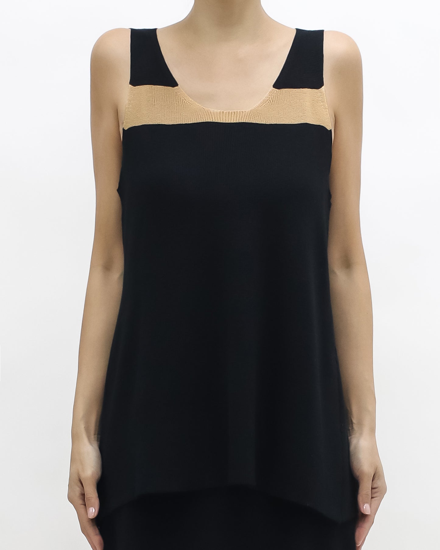 black & beige panel vest & longline fine knitted skirt set