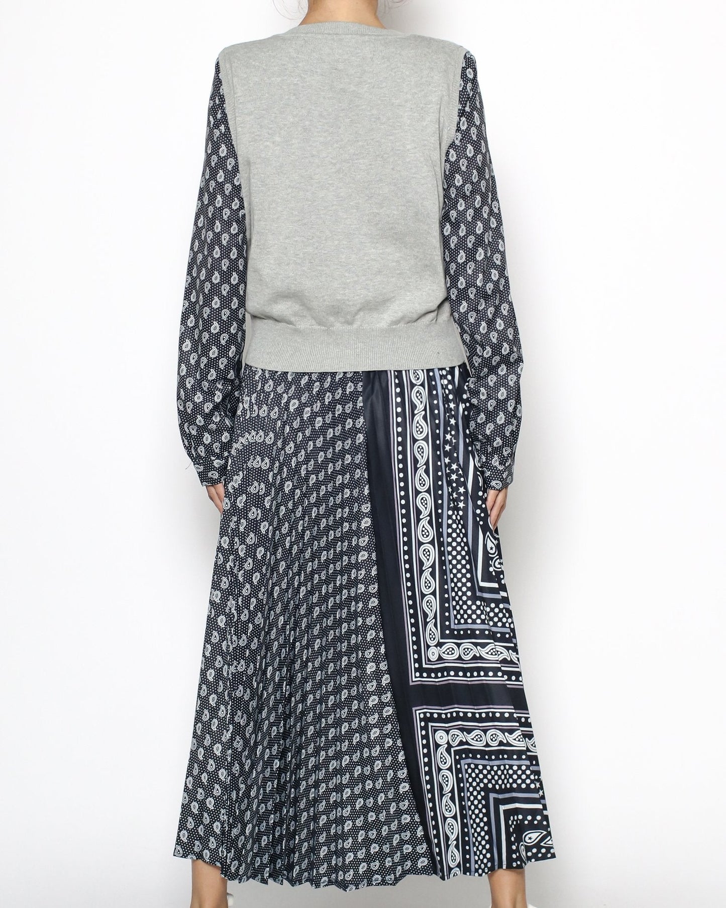 grey knitted top & navy pattern chiffon set dress *pre-order*