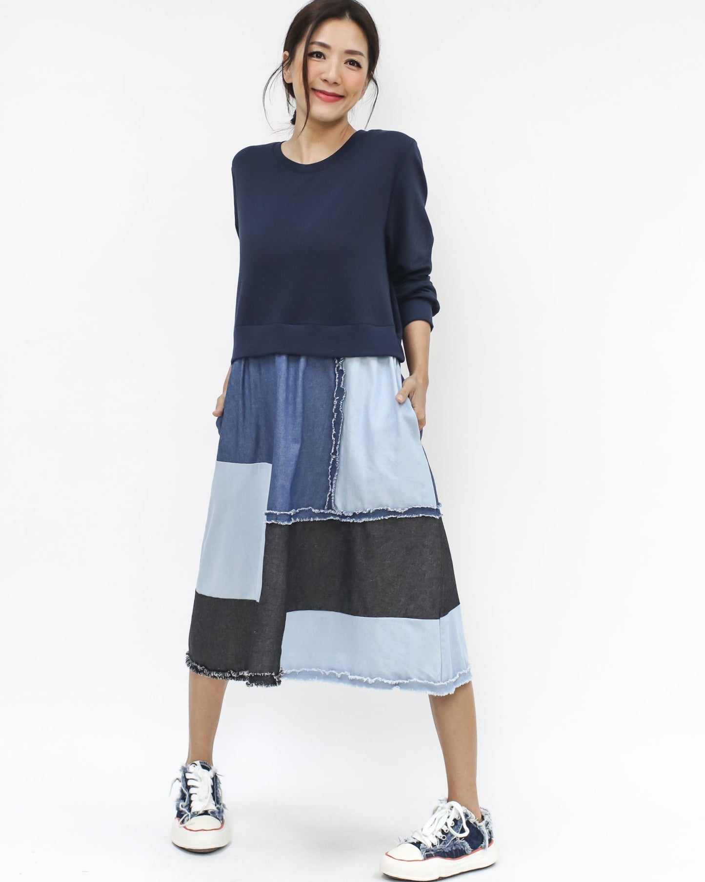 navy sweat & patched work denim flare dress *pre-order*