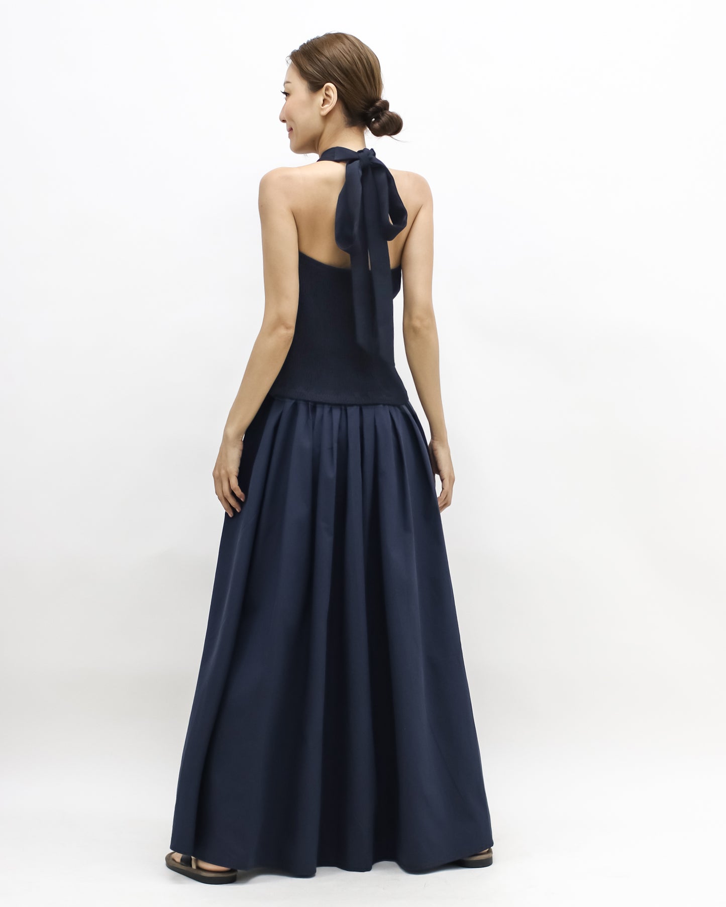 navy halter neck flare shirt longline dress *pre-order*