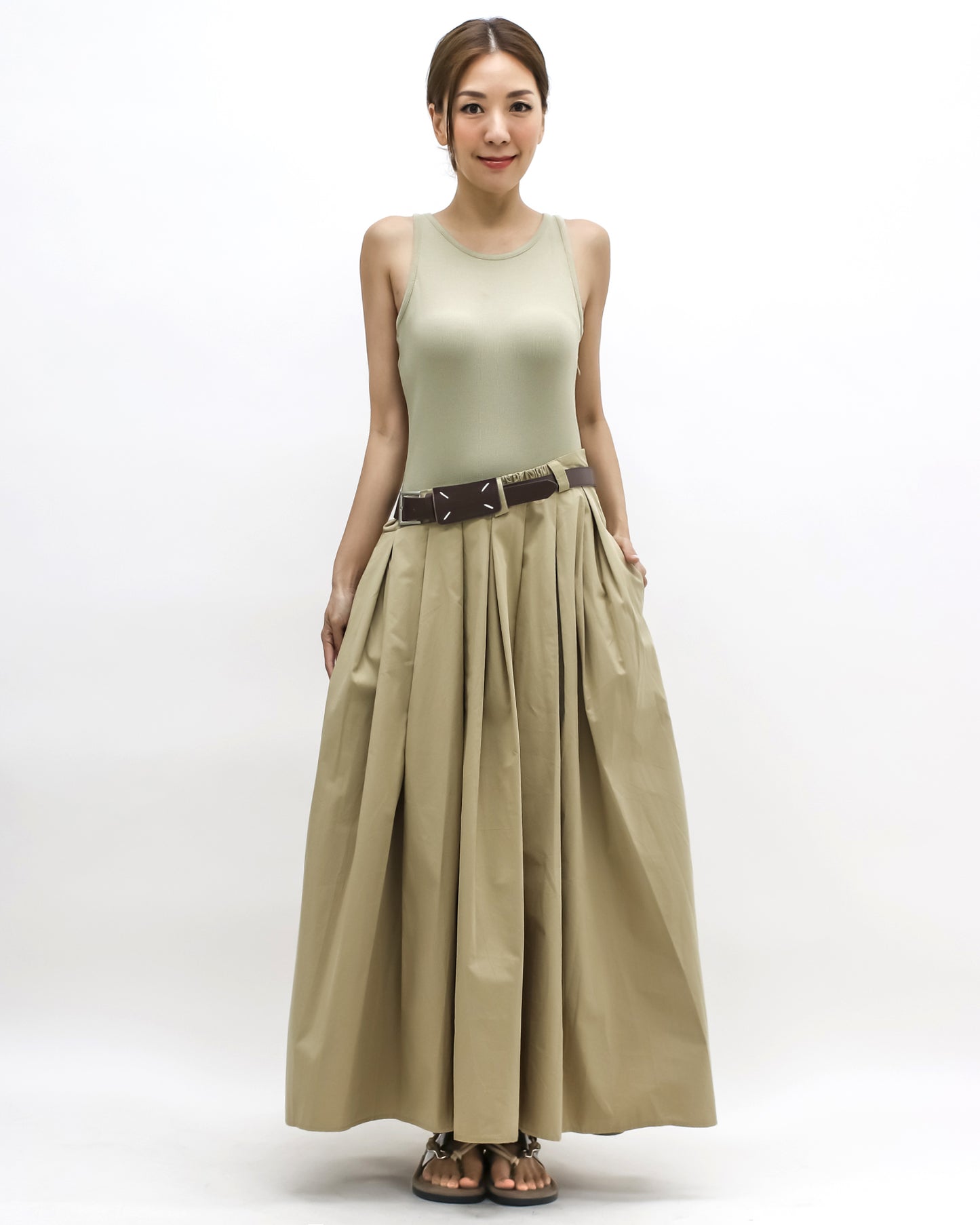 beige jersey vest & flare longline dress w/ belt *pre-order*