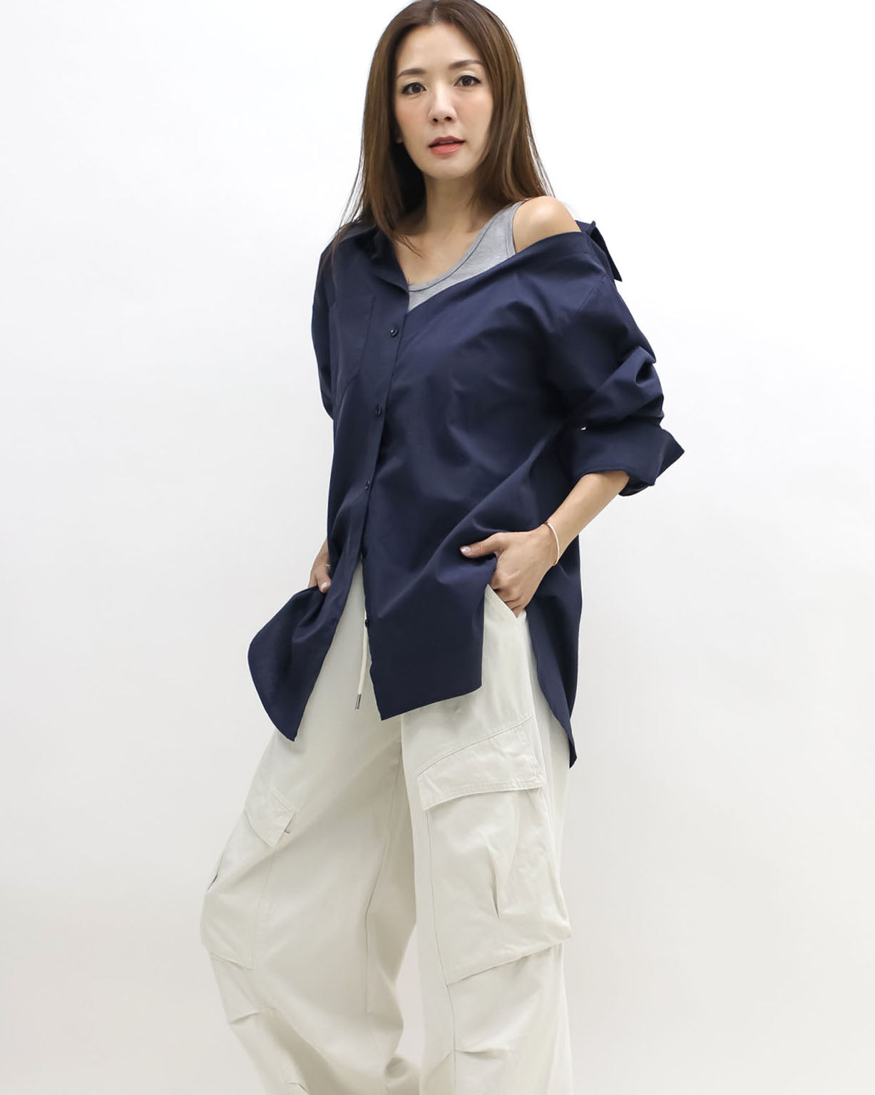 navy & grey vest cutout shoulder shirt