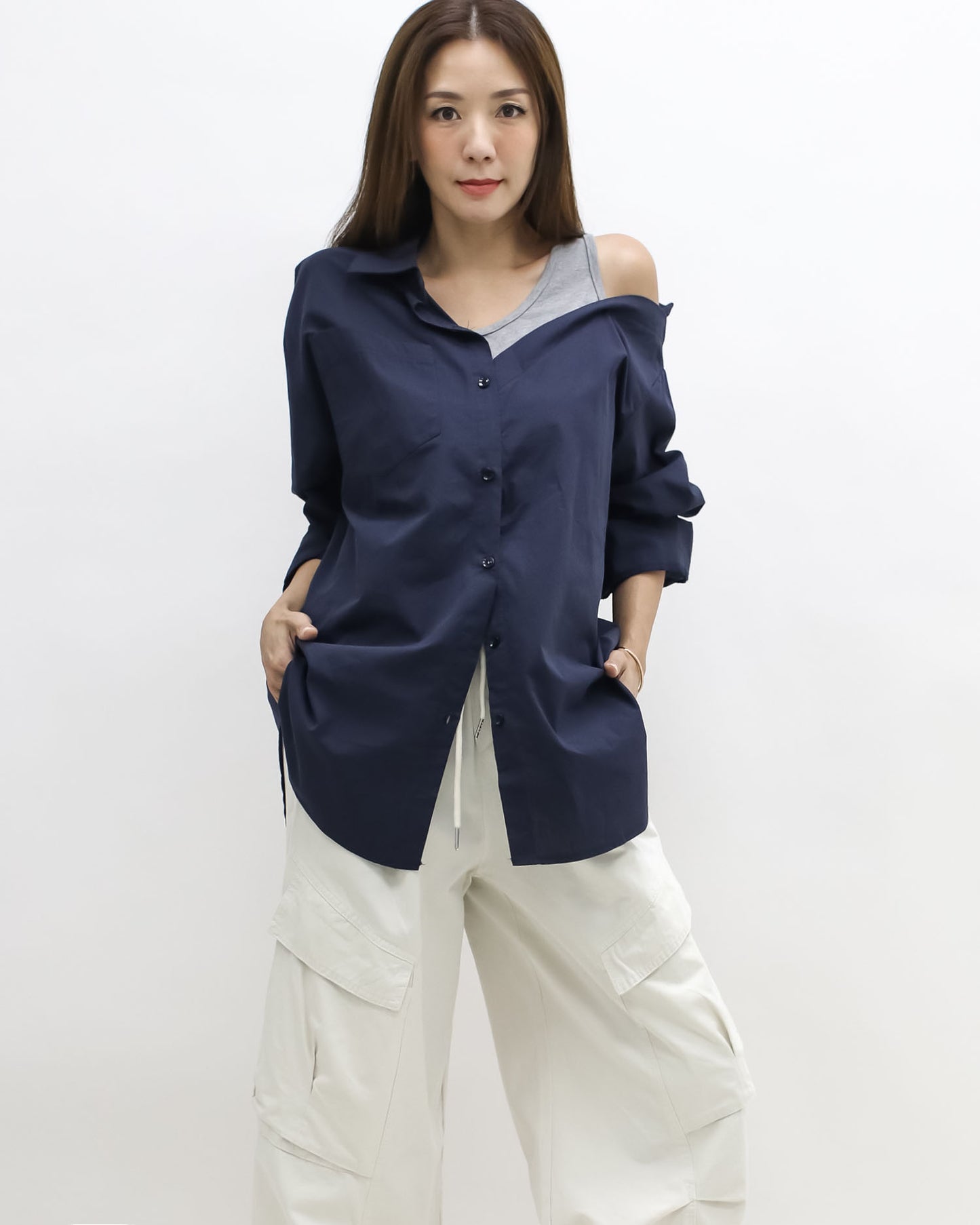 navy & grey vest cutout shoulder shirt
