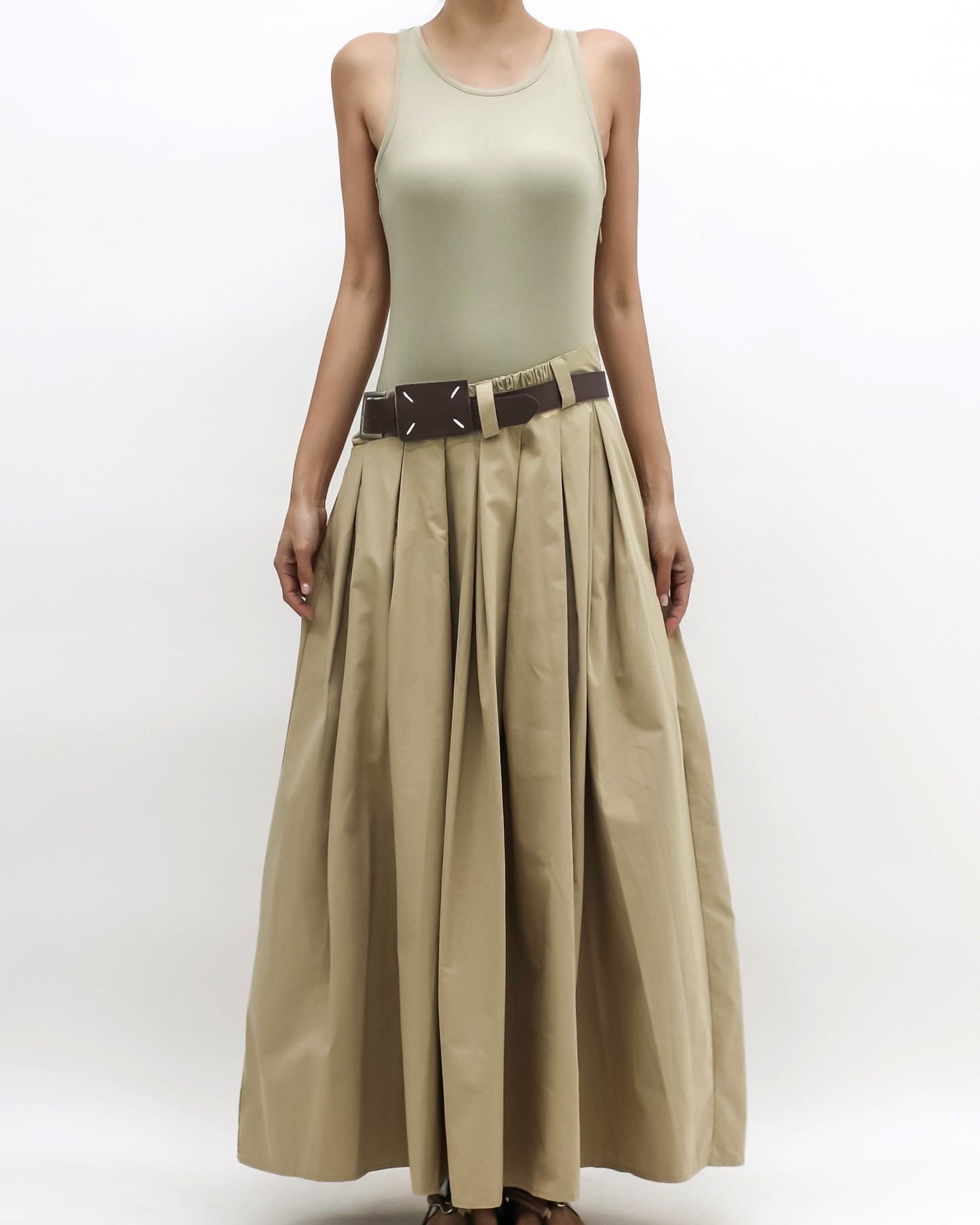 beige jersey vest & flare longline dress w/ belt *pre-order*