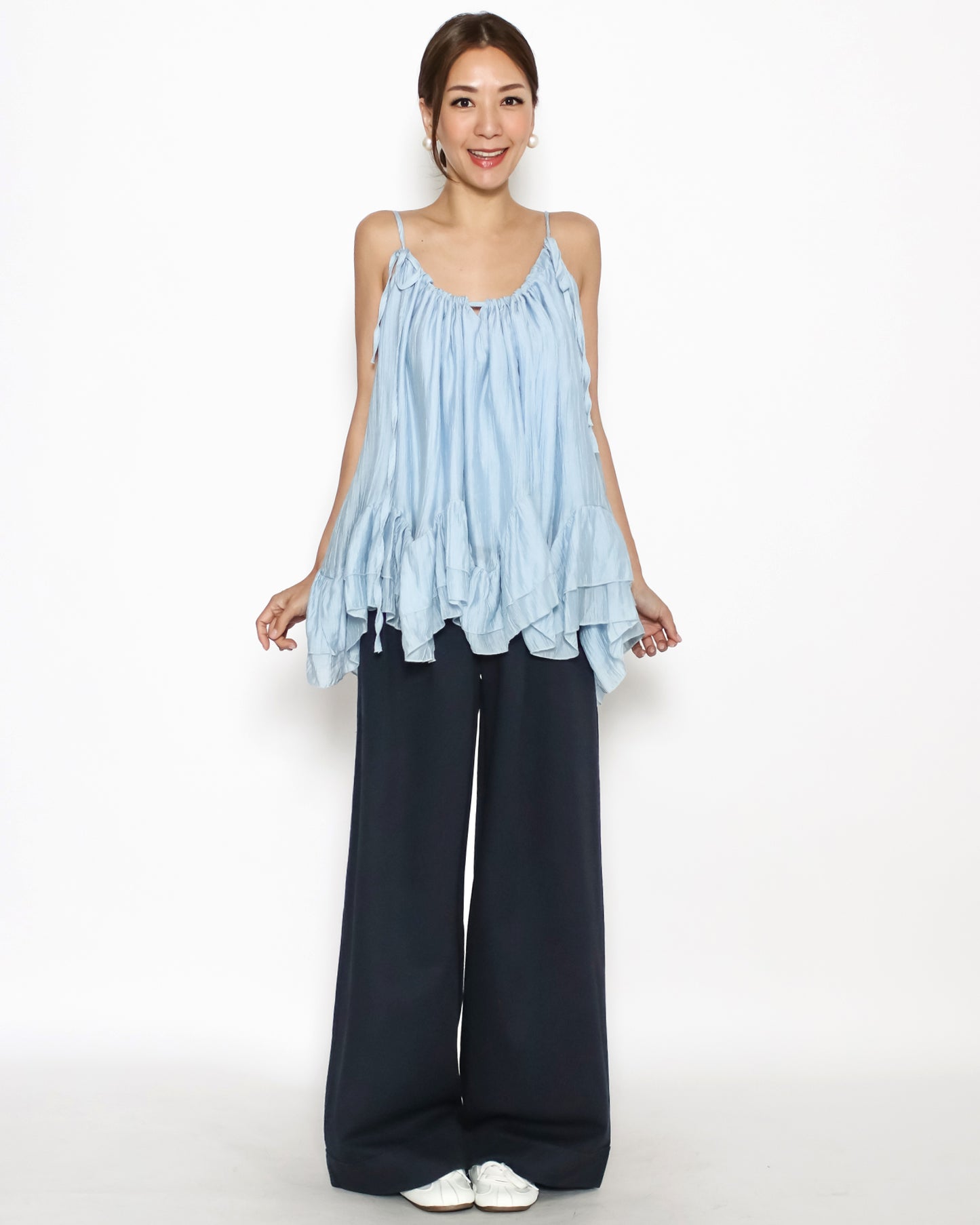 blue ruffles hem texture slinky vest