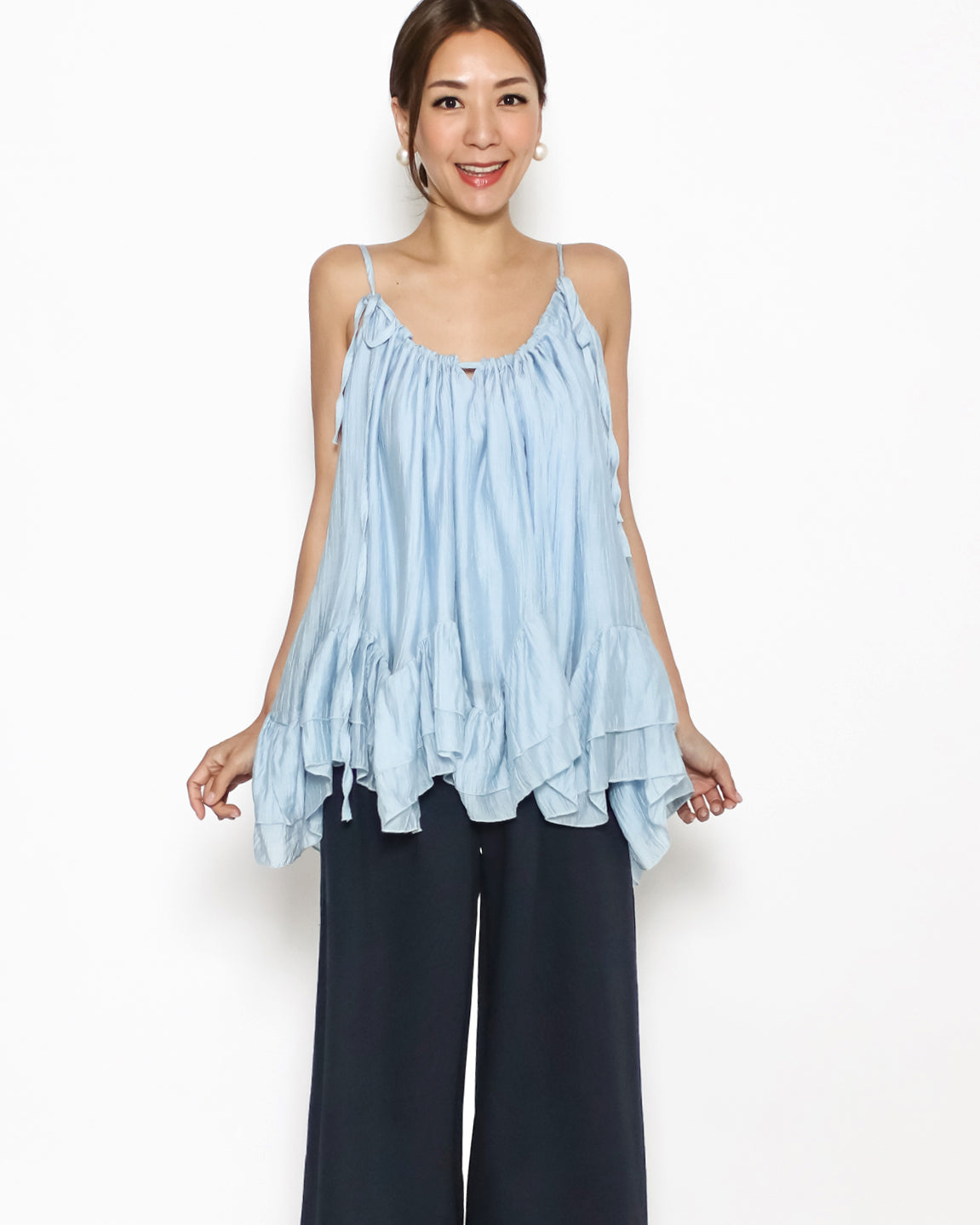 blue ruffles hem texture slinky vest