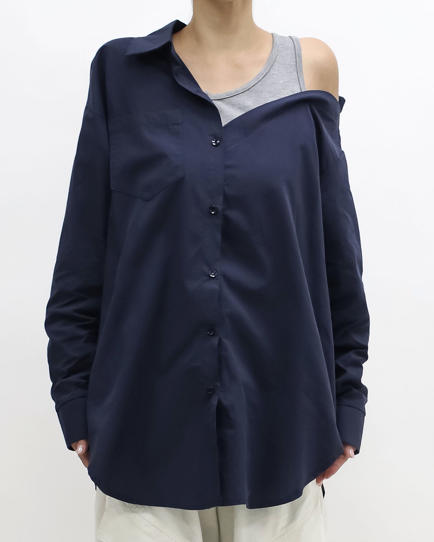navy & grey vest cutout shoulder shirt