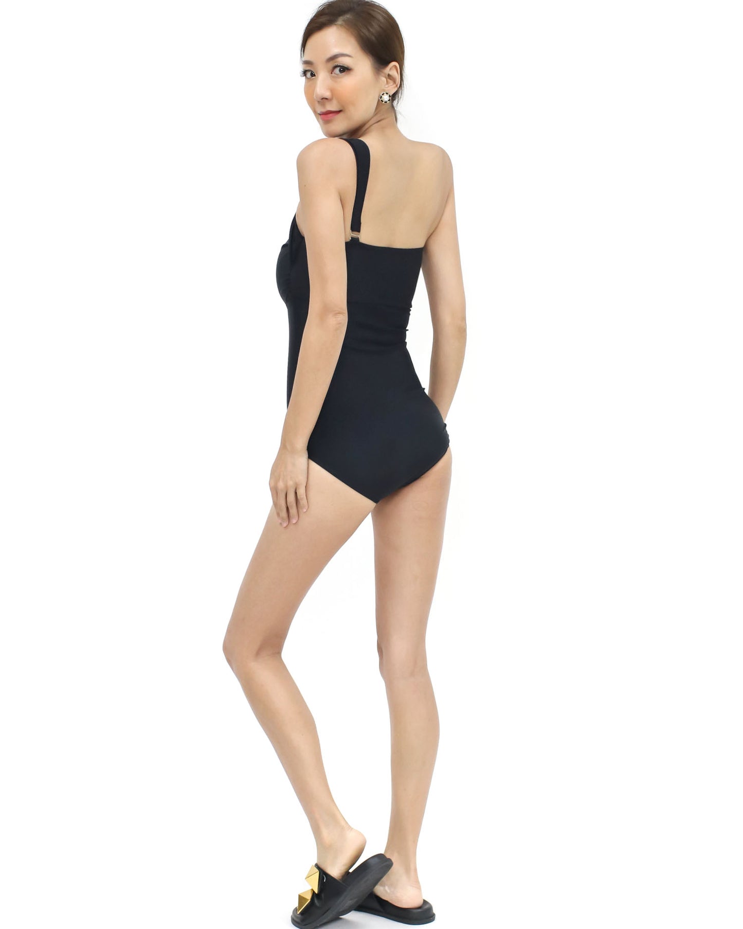 black cutout front one shoulder strap one-piece swimwear *pre-order*