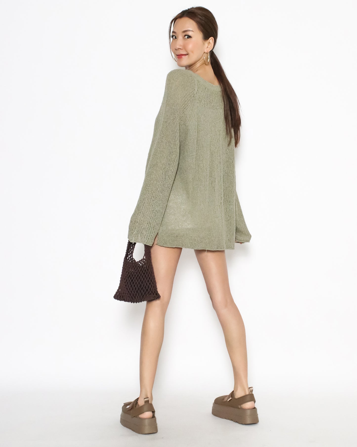 beige green V neck boucle knitted top