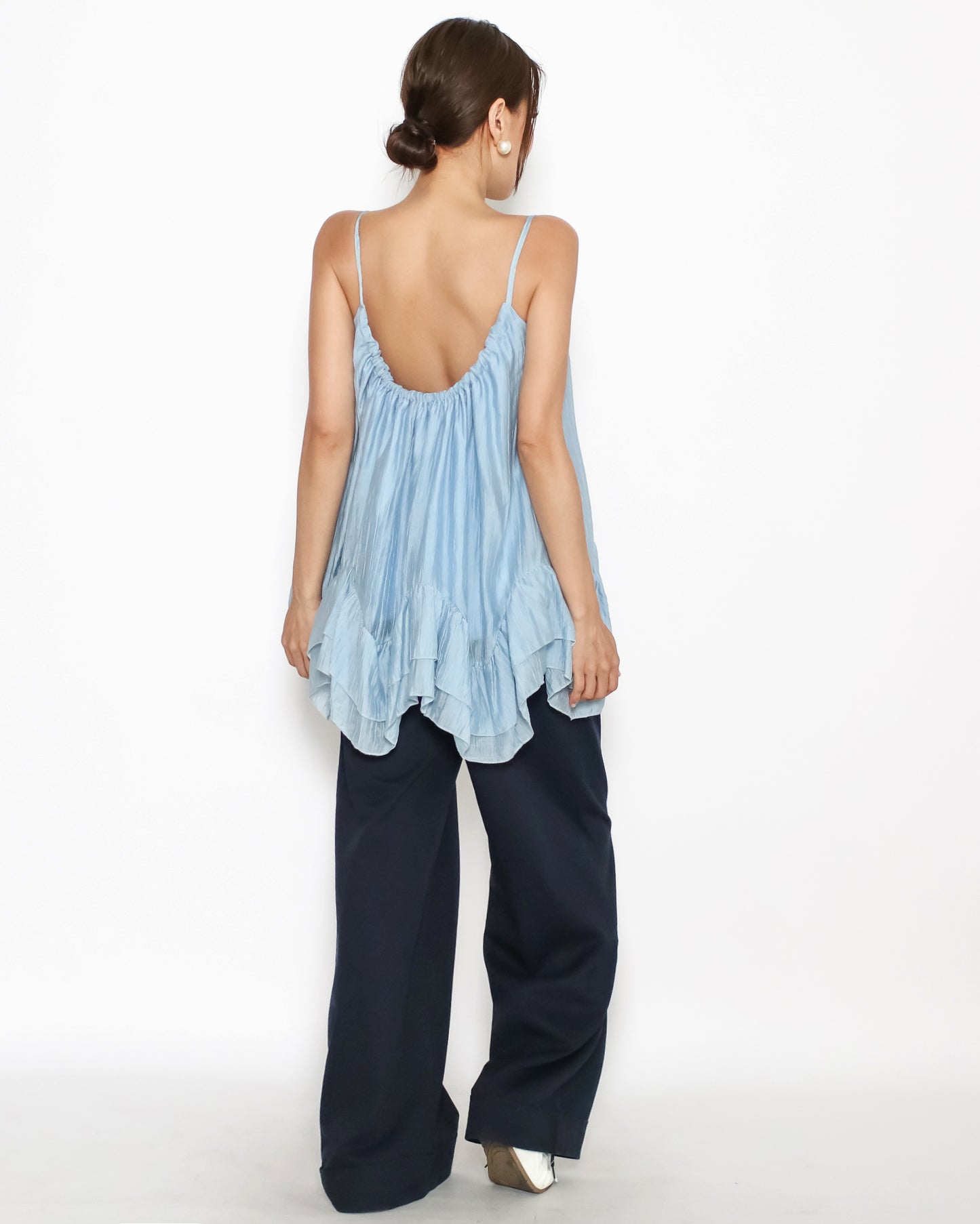blue ruffles hem texture slinky vest