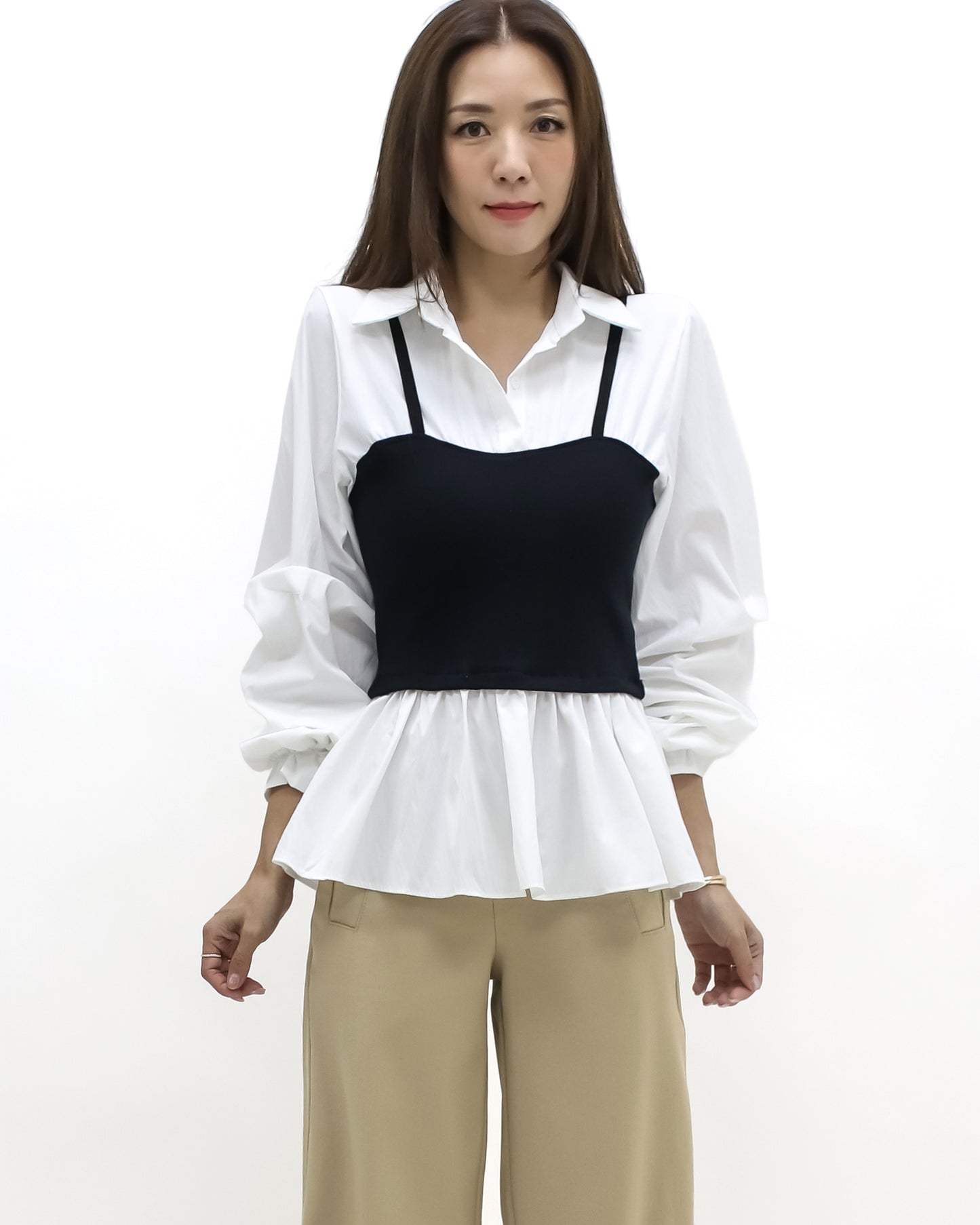 ivory w/ black knitted vest ruched sleeve shirt