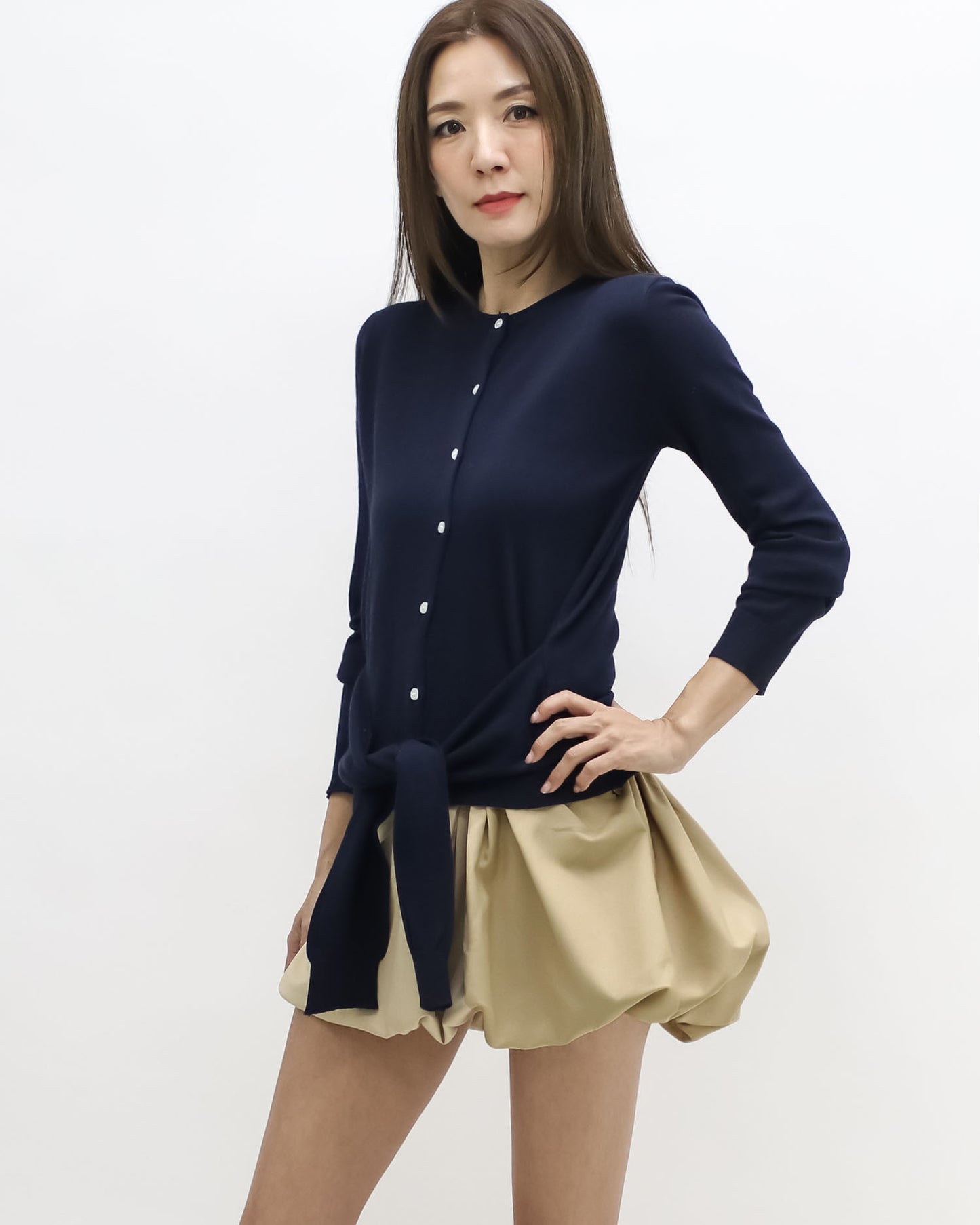 navy tie-up front knitted cardigan