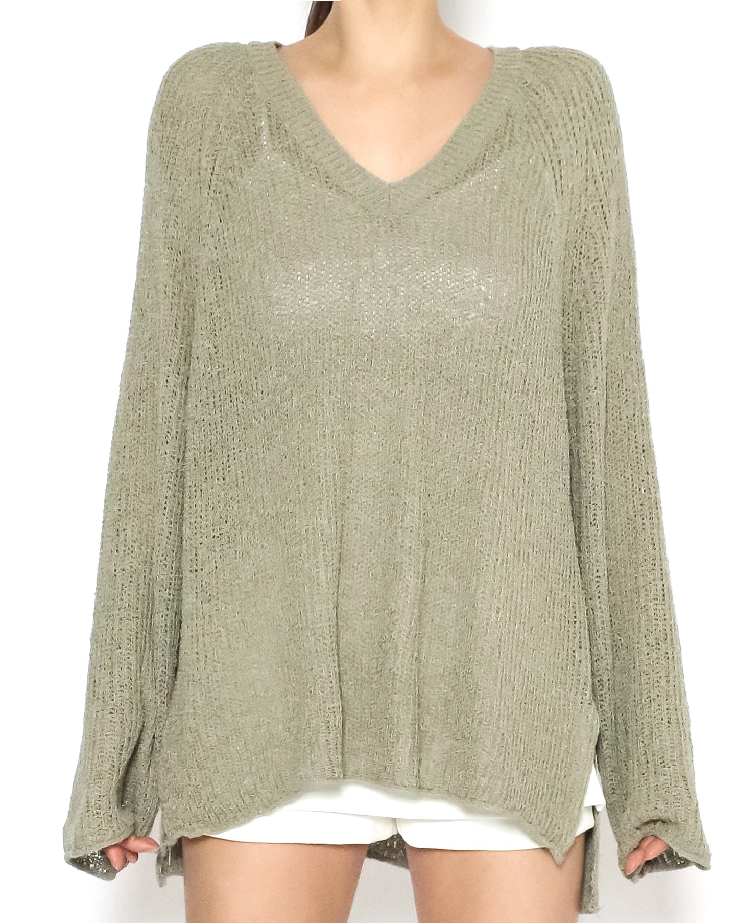 beige green V neck boucle knitted top