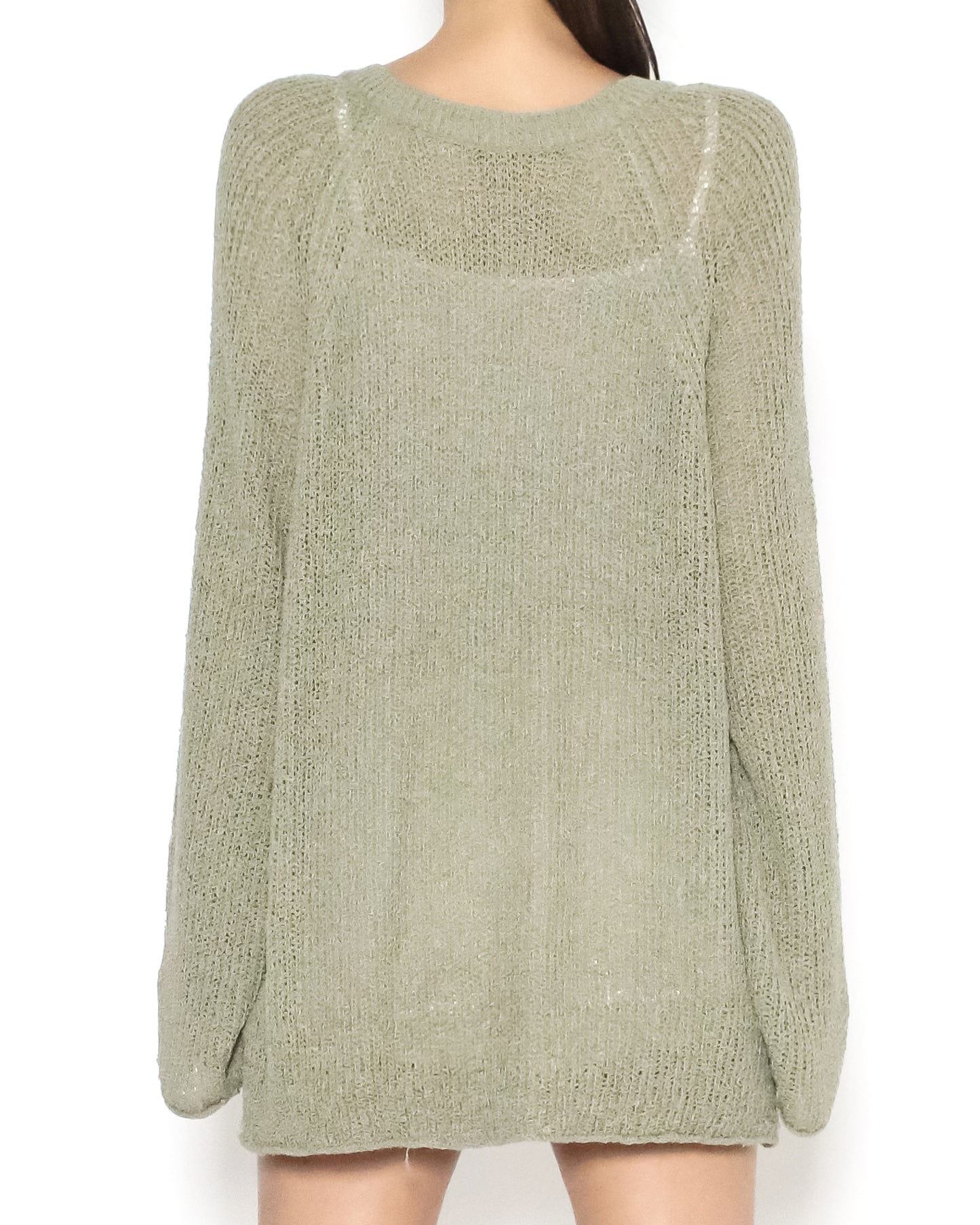 beige green V neck boucle knitted top