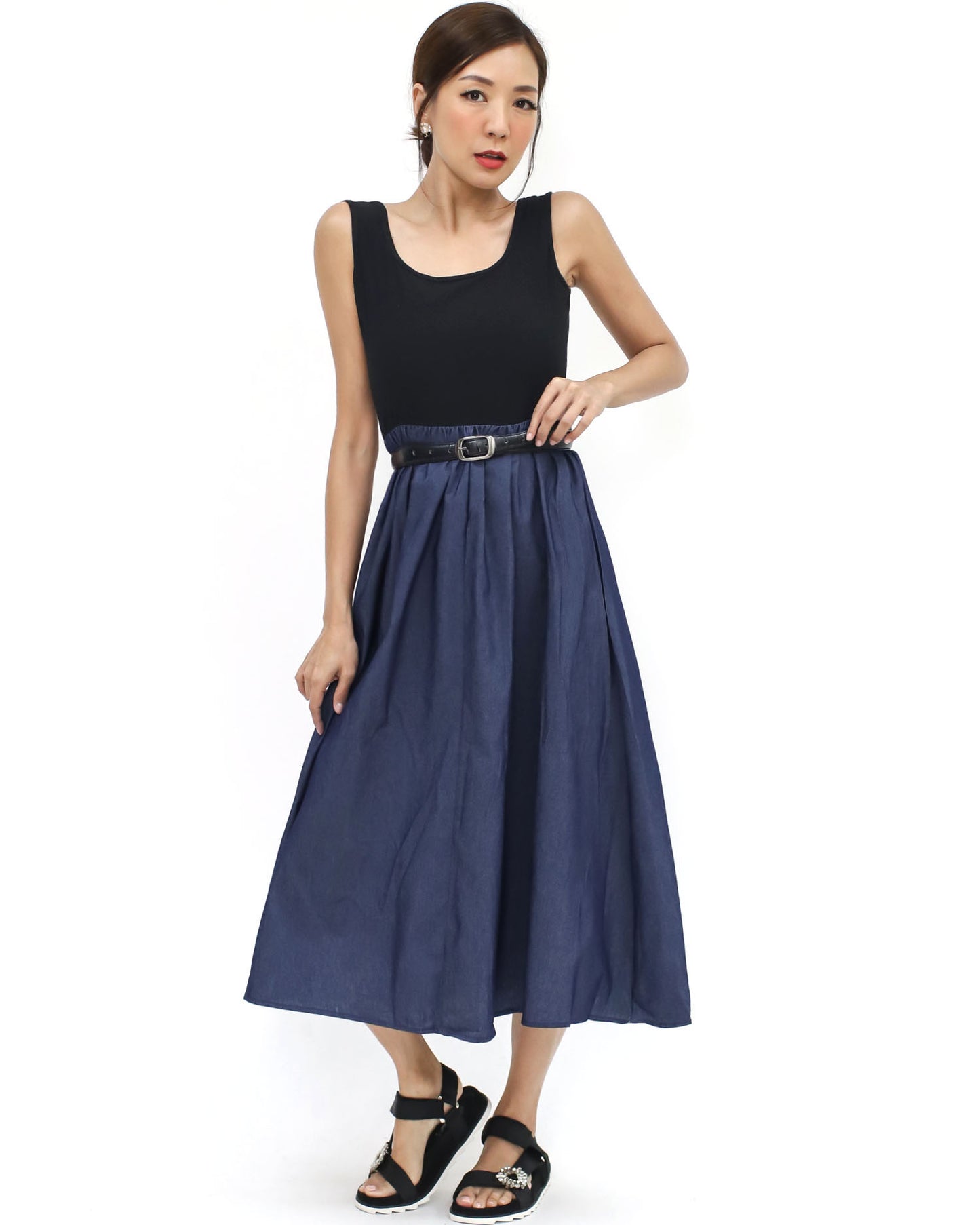 black vest & denim contrast midi dress *pre-order*