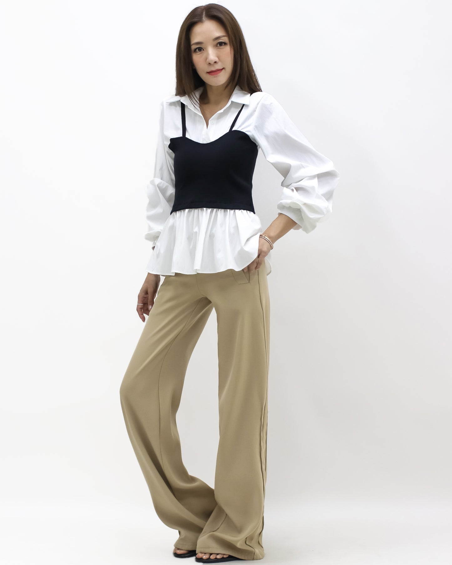 ivory w/ black knitted vest ruched sleeve shirt