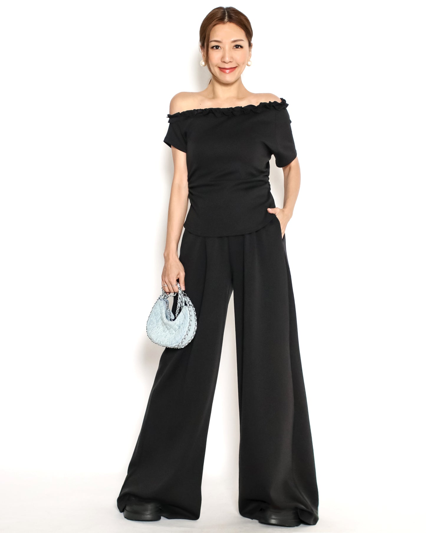 black ruffles neckline off shoulder top & wide leg pant set