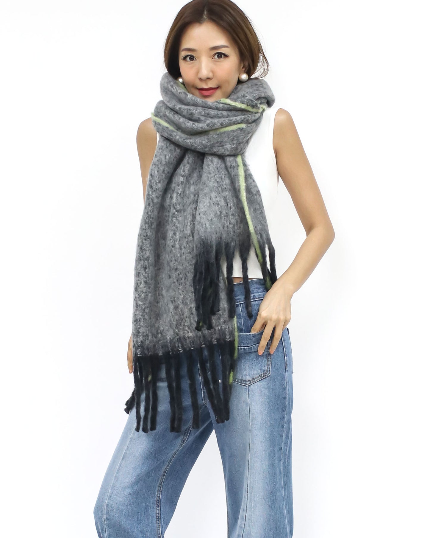 grey & yellow trim wool blended tassels scarf *pre-order*