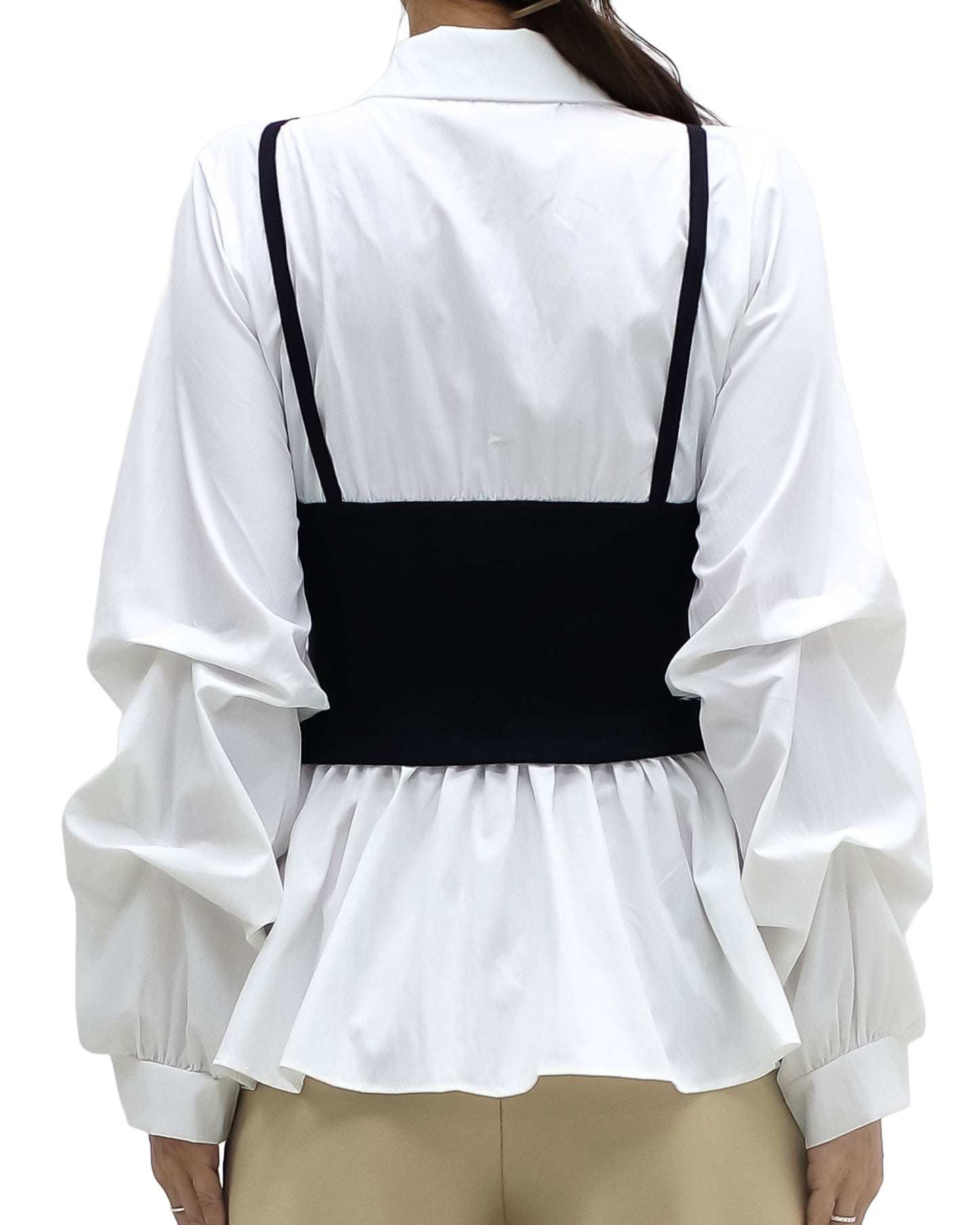 ivory w/ black knitted vest ruched sleeve shirt