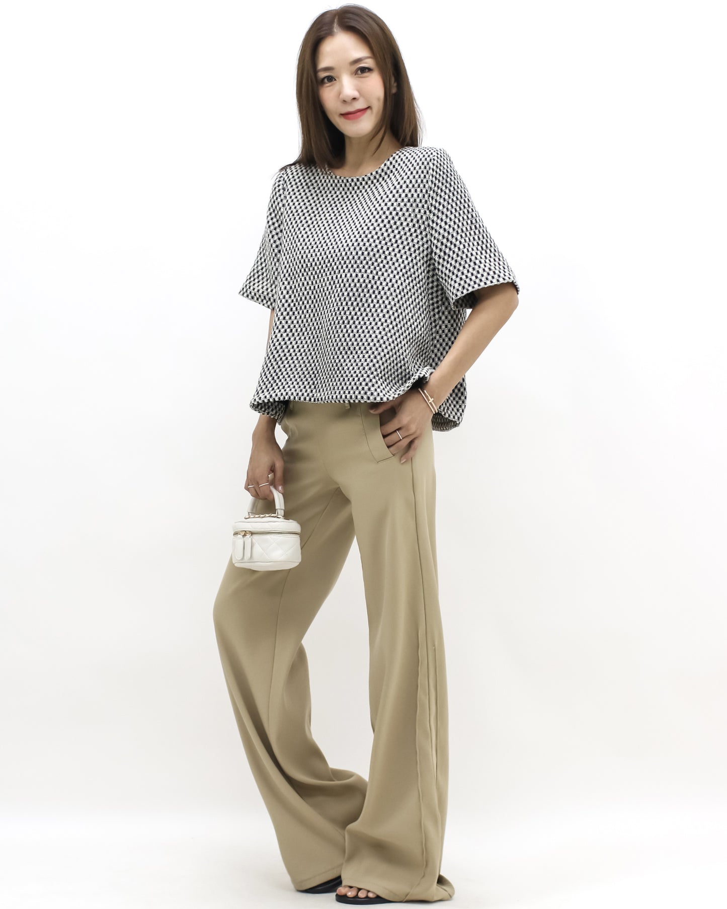 black & ivory tweed flare top