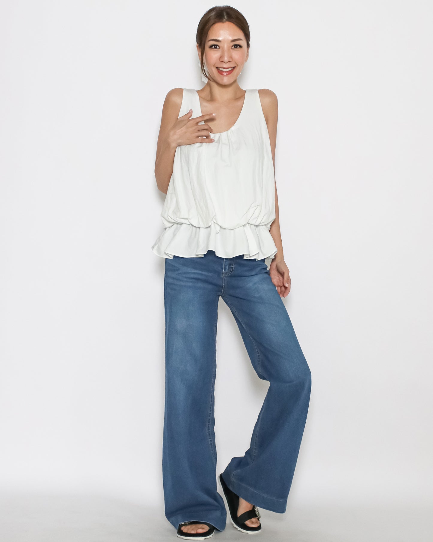 ivory stretch waist flare hem slinky vest
