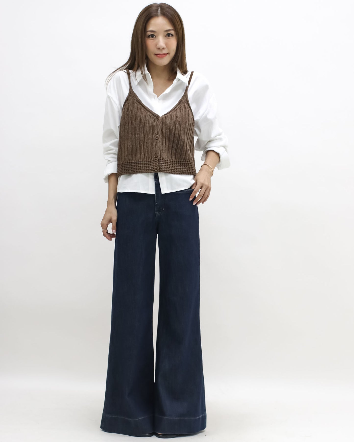 ivory shirt w/ brown knitted slip set