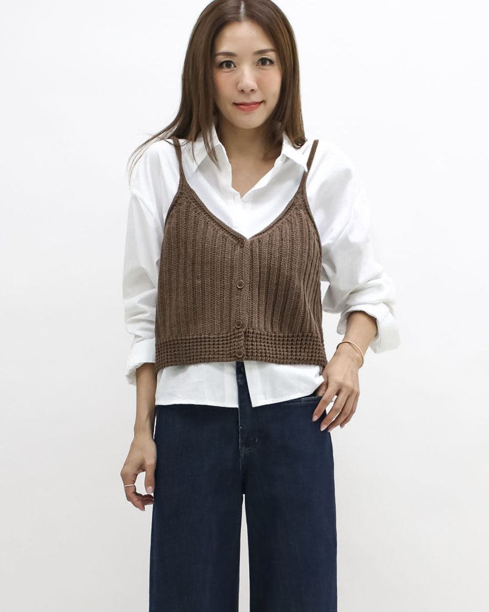 ivory shirt w/ brown knitted slip set