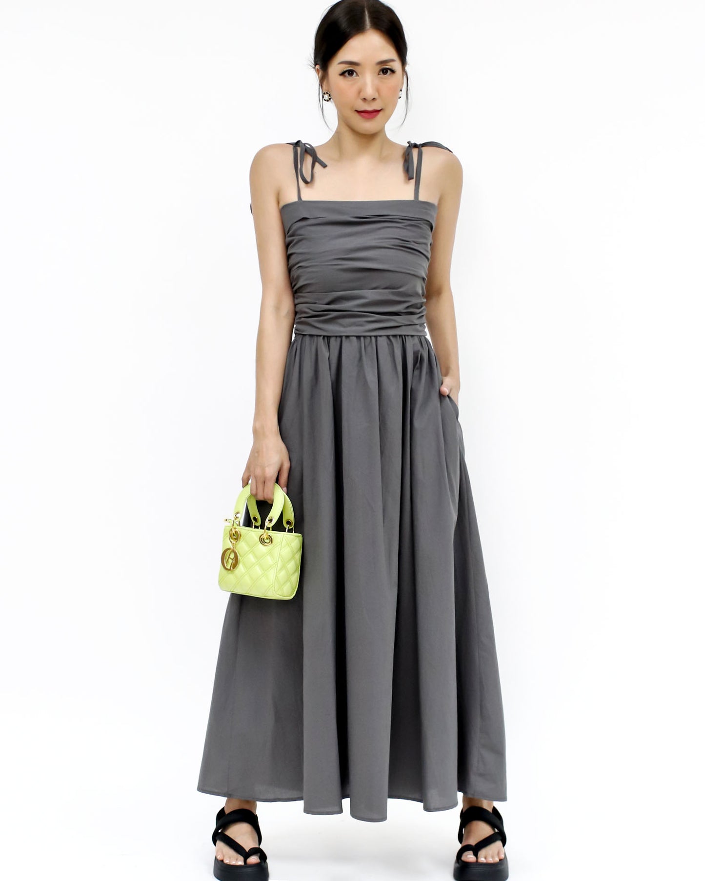 grey ruched straps longline dress