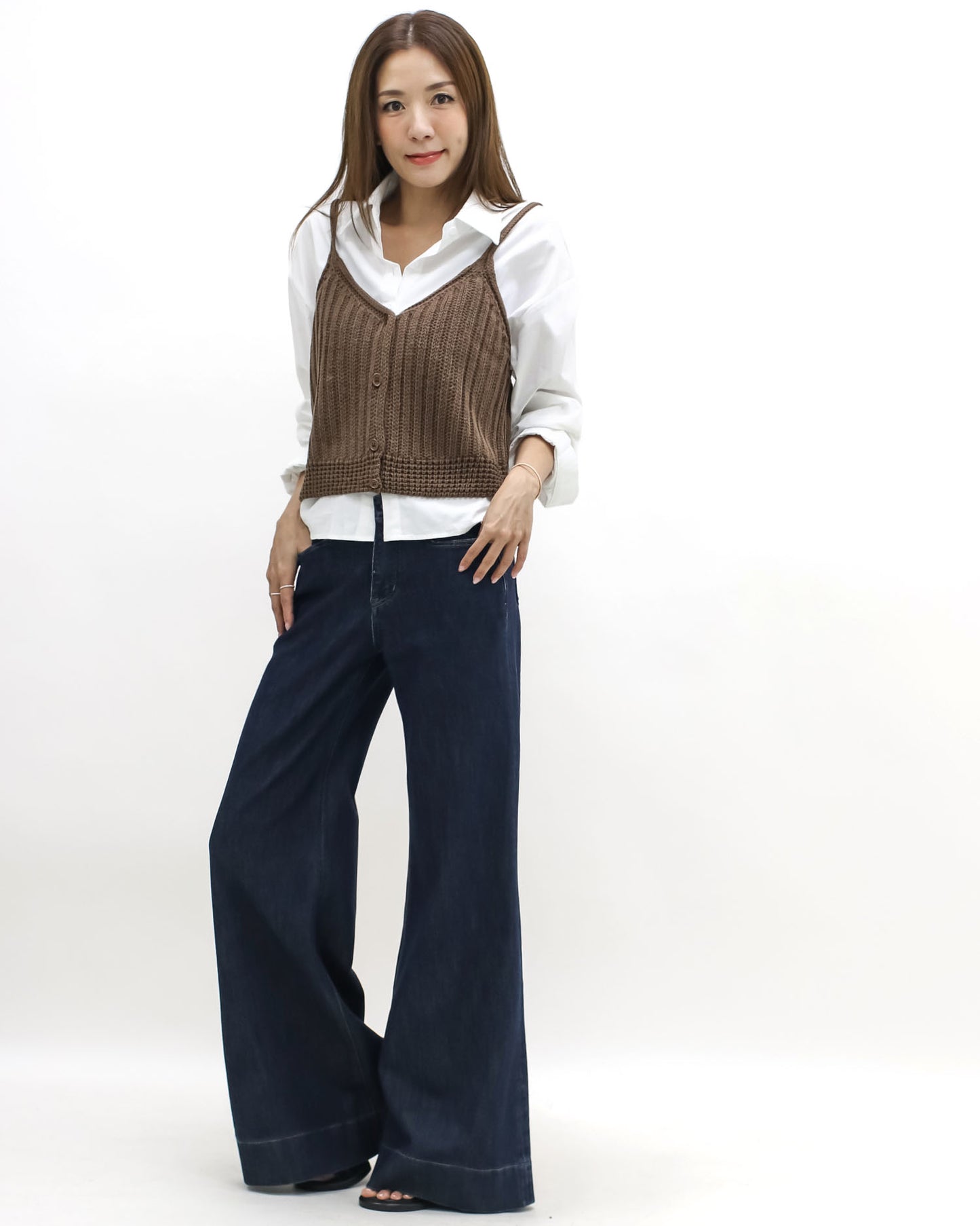 ivory shirt w/ brown knitted slip set