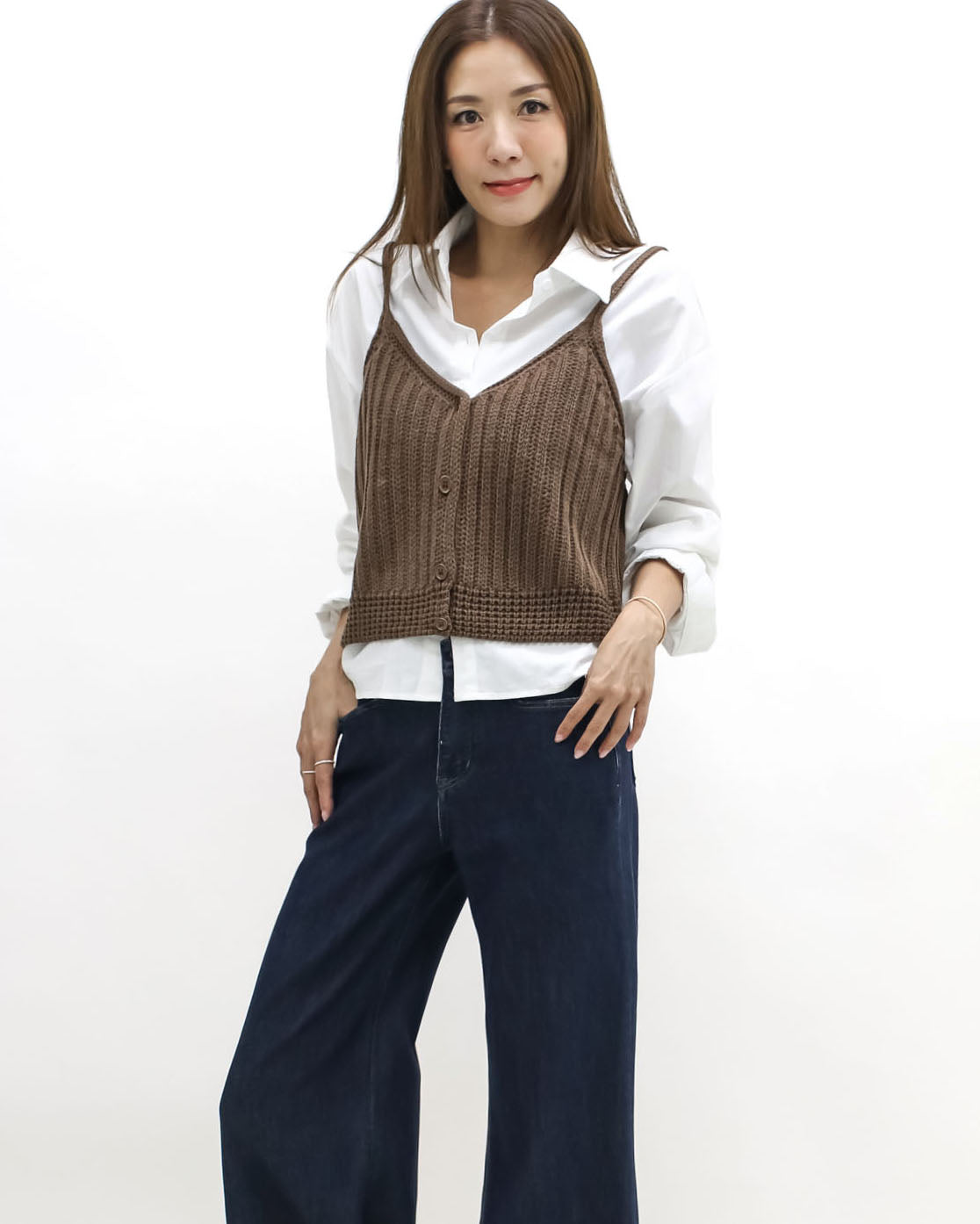 ivory shirt w/ brown knitted slip set
