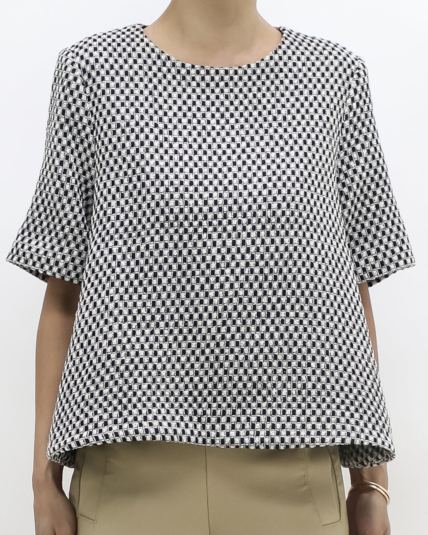 black & ivory tweed flare top