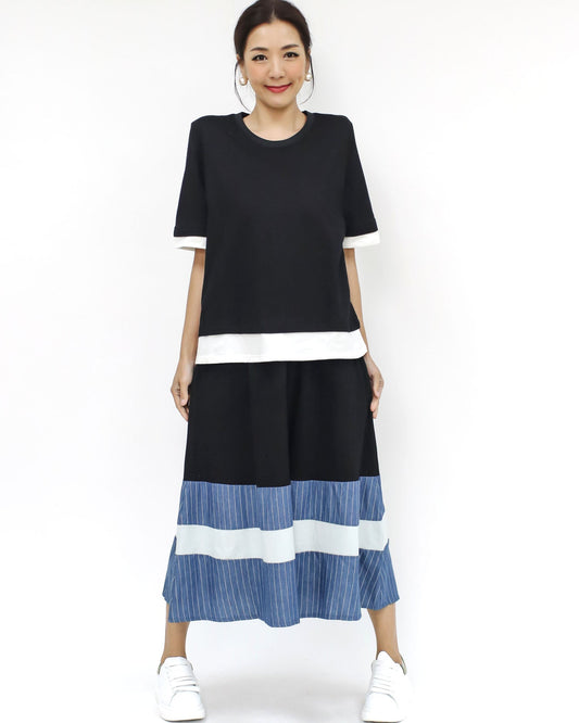 black & ivory layer tee w/ denim stripes panel skirt set *pre-order*