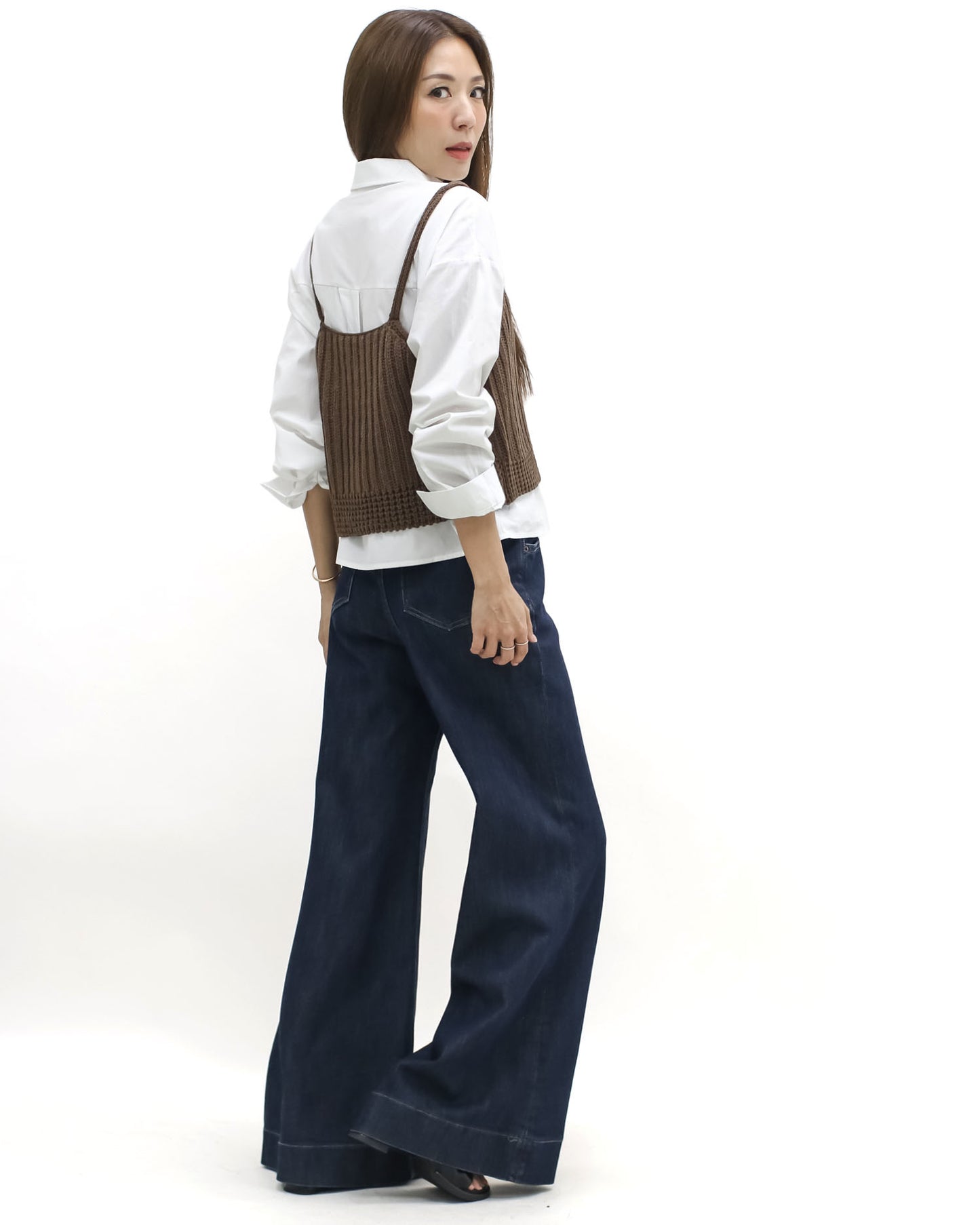 ivory shirt w/ brown knitted slip set