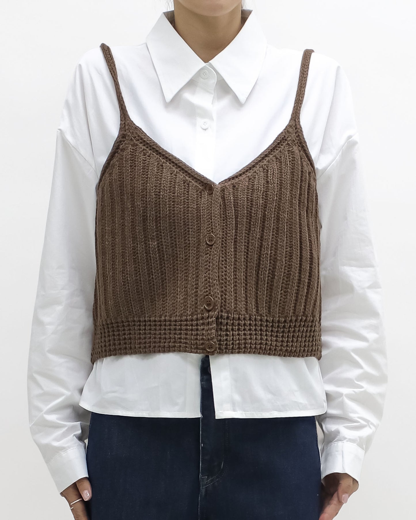 ivory shirt w/ brown knitted slip set