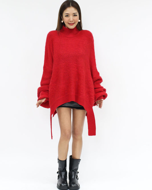 red straps asymmetric hem knitted top