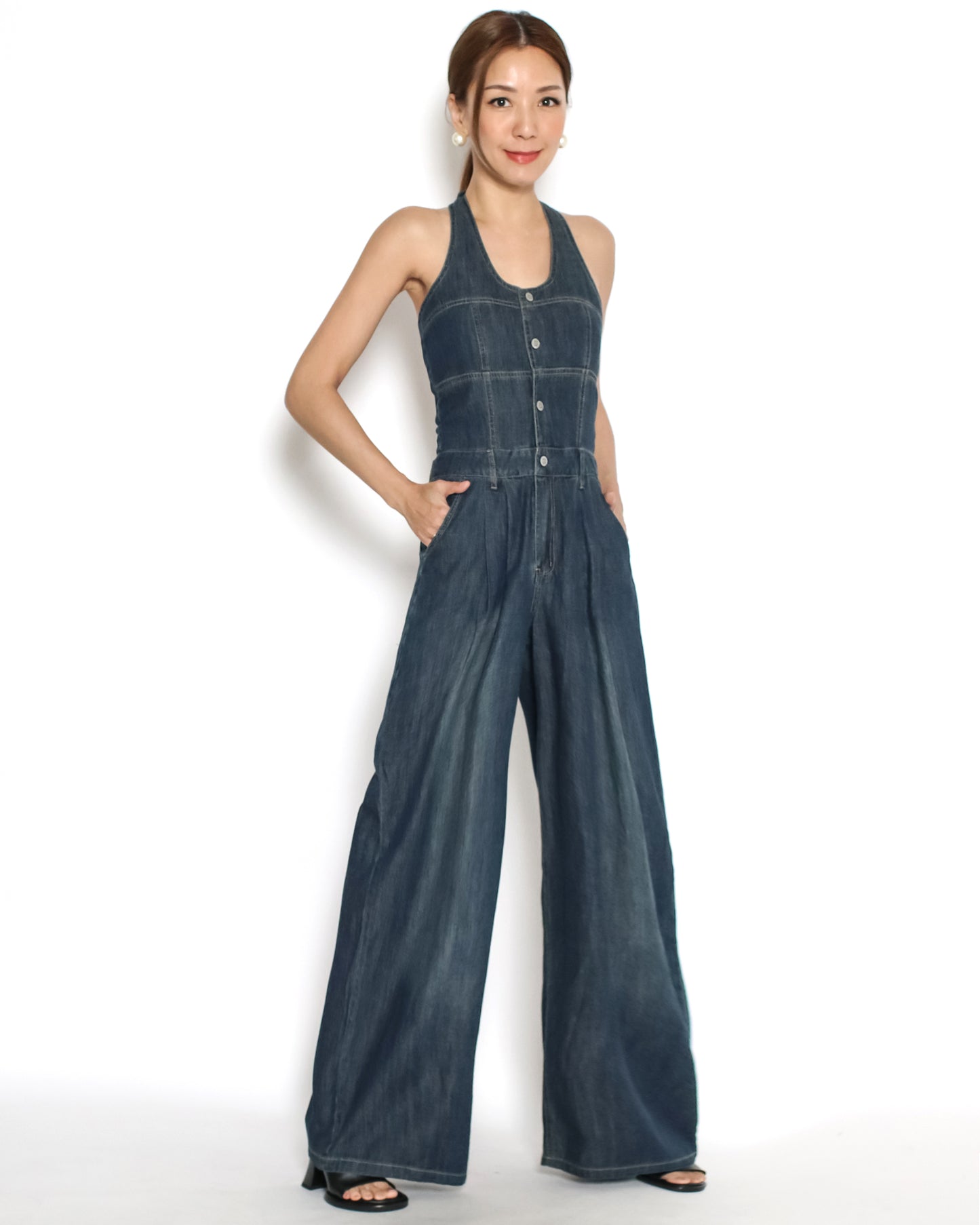 washed blue denim halter jumpsuit *pre-order*