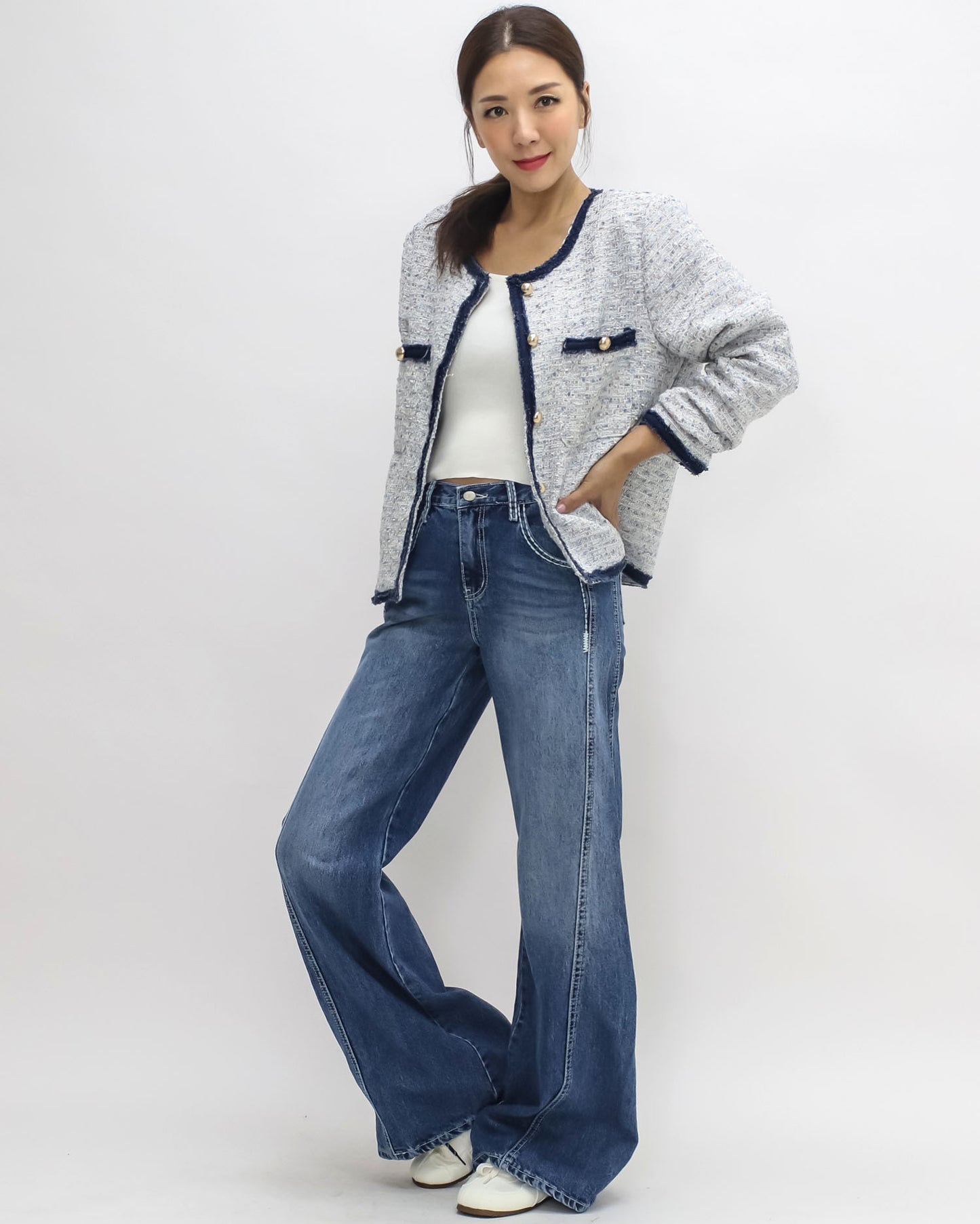 ivory & blue w/ navy trim tweed jacket