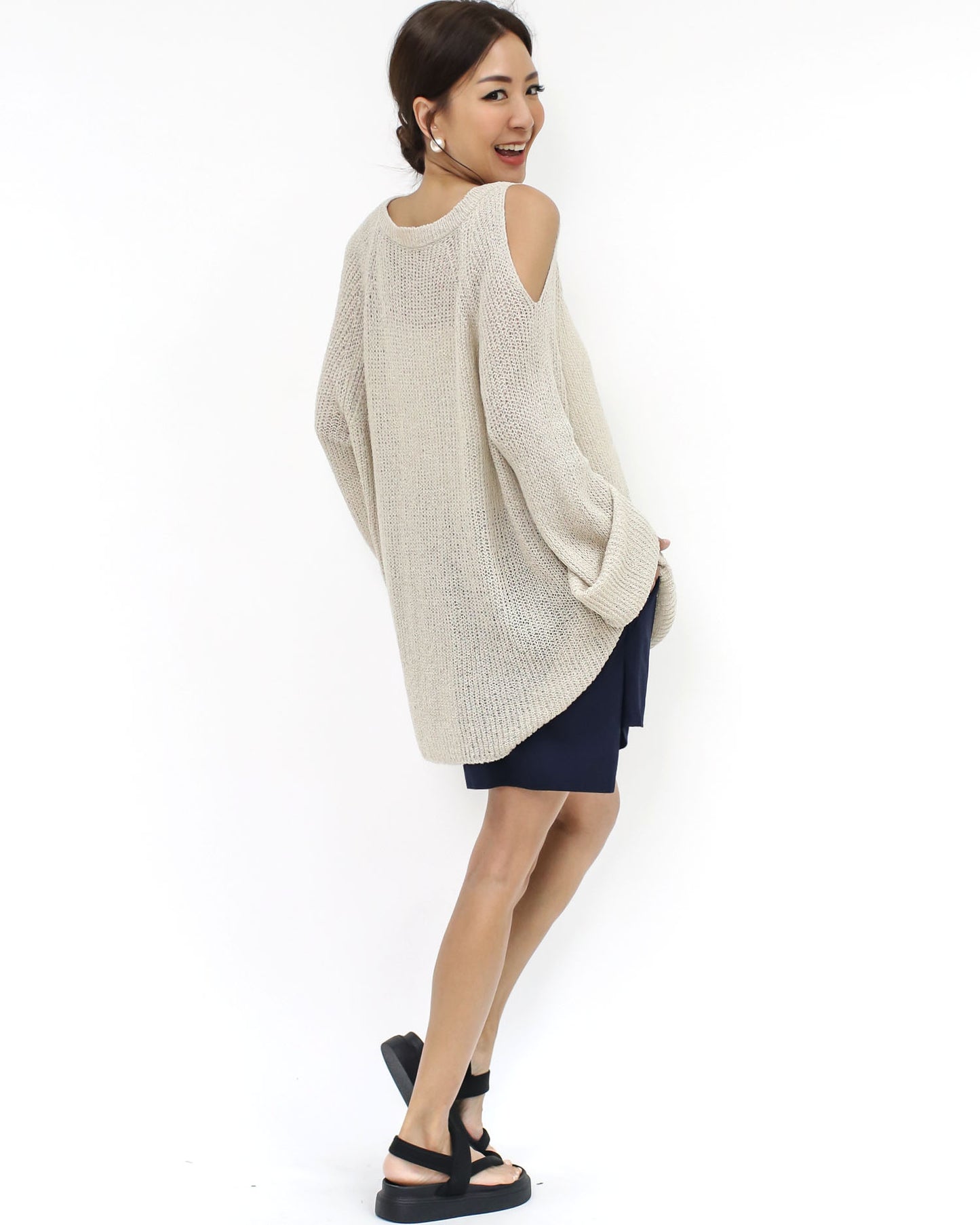 beige cutout shoulders boucle knitted top