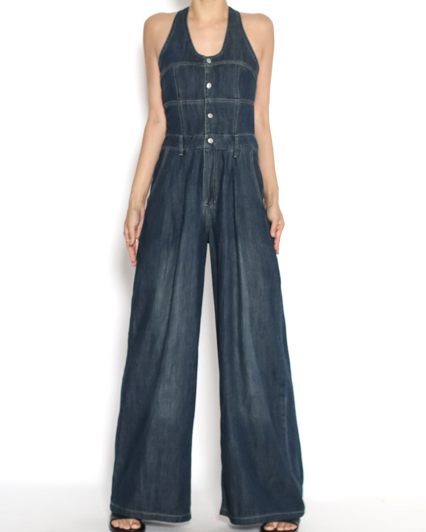 washed blue denim halter jumpsuit *pre-order*