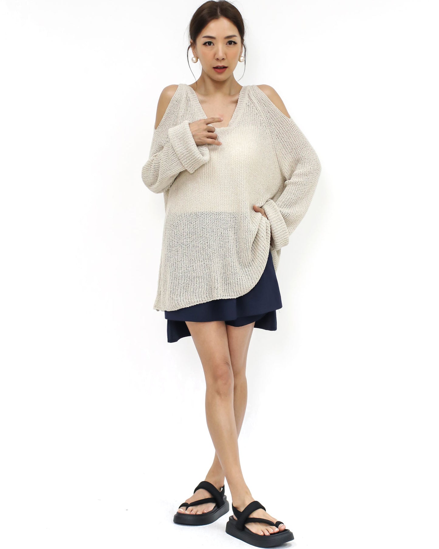 beige cutout shoulders boucle knitted top